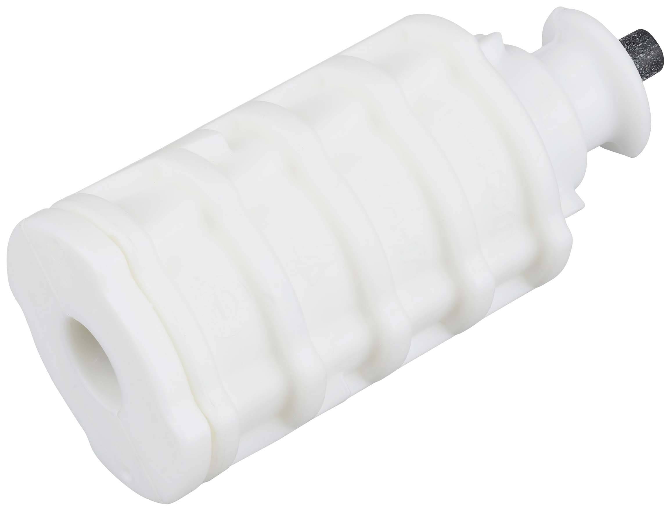 Eine weiße, zylinderförmige Kunststoffrolle mit abgerundeten Kanten und einer zentralen Öffnung, häufig in mechanischen Anwendungen verwendet.