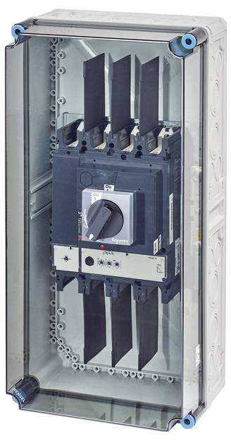 Ein schützender Schaltschrank mit einem Hauptschalter in der Mitte, geeignet für industrielle elektrische Anwendungen.