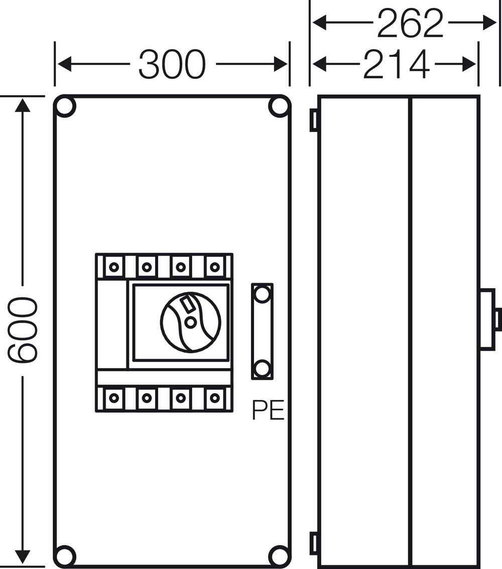 Diagramm einer rechteckigen elektrischen Schalttafel mit Schalter vorne und Abmessungen: Höhe 600, Breite 300, Tiefe 262 mm.