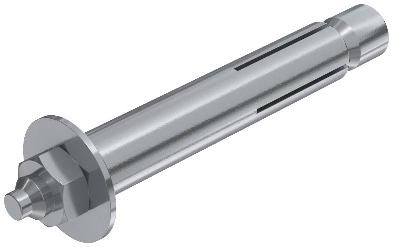 Metallschraube mit Sechskantmutter und Unterlegscheibe, zylindrische Form, für mechanische Befestigungen geeignet.