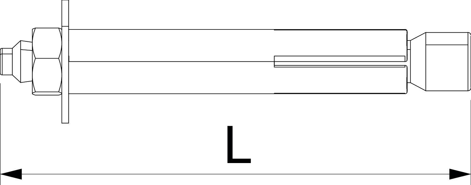 Diagramm eines Metallankers mit zwei Muttern und einer Unterlegscheibe. Pfeil zeigt Länge 'L' des Ankers an.