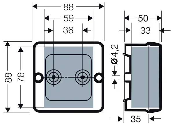 Technische Zeichnung einer quadratischen Elektrobox mit Seitenansicht und Abmessungen: 88x88x35mm. Enthält Lochdurchmesser und Abstandsmessungen.
