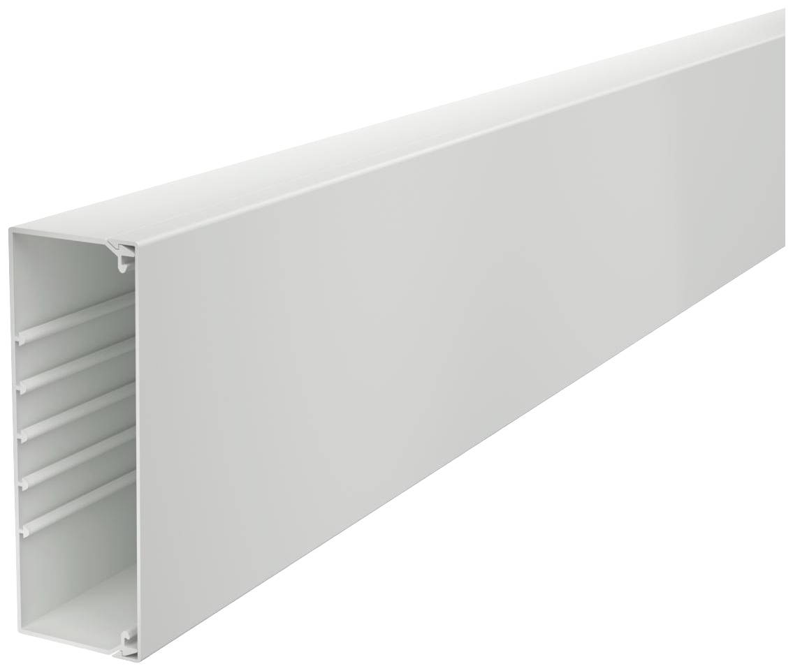 Weiße Kabelkanal-Leiste, rechteckig, mit offenem Ende und seitlichen Halterungen, zur geordneten Kabelführung in Innenräumen.