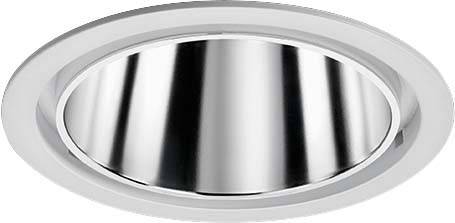 Rundscheinwerfer mit glänzender Metalloberfläche und weißem Rand, zeigt modernes Design und klare Linien.