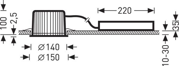 Diagramm eines Einbaustrahlers mit Maßangaben: Höhe 100mm, Durchmesser Ø140-150mm, Länge 220mm, variierbare Tiefe 10-35mm.