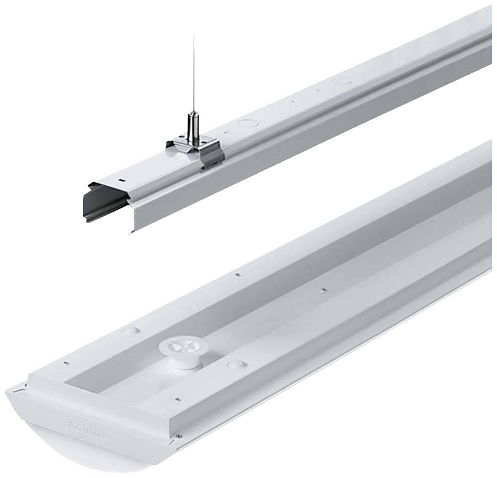 Eine weiße, lineare LED-Beleuchtungseinheit zur Deckenmontage mit schlankem Design und zentralem Montagepunkt.