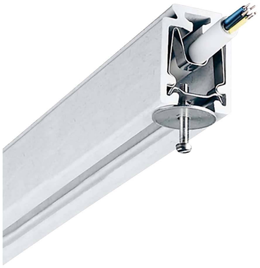 Metallschiene mit integriertem Kabel und Schraubbefestigung, für Montage in Decken oder Wänden geeignet.