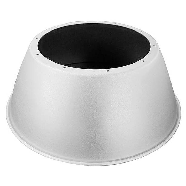 Runder, weißer Lampenschirm mit schwarzem Innenraum, löchriger Rand. Geeignet für Deckenbeleuchtung.
