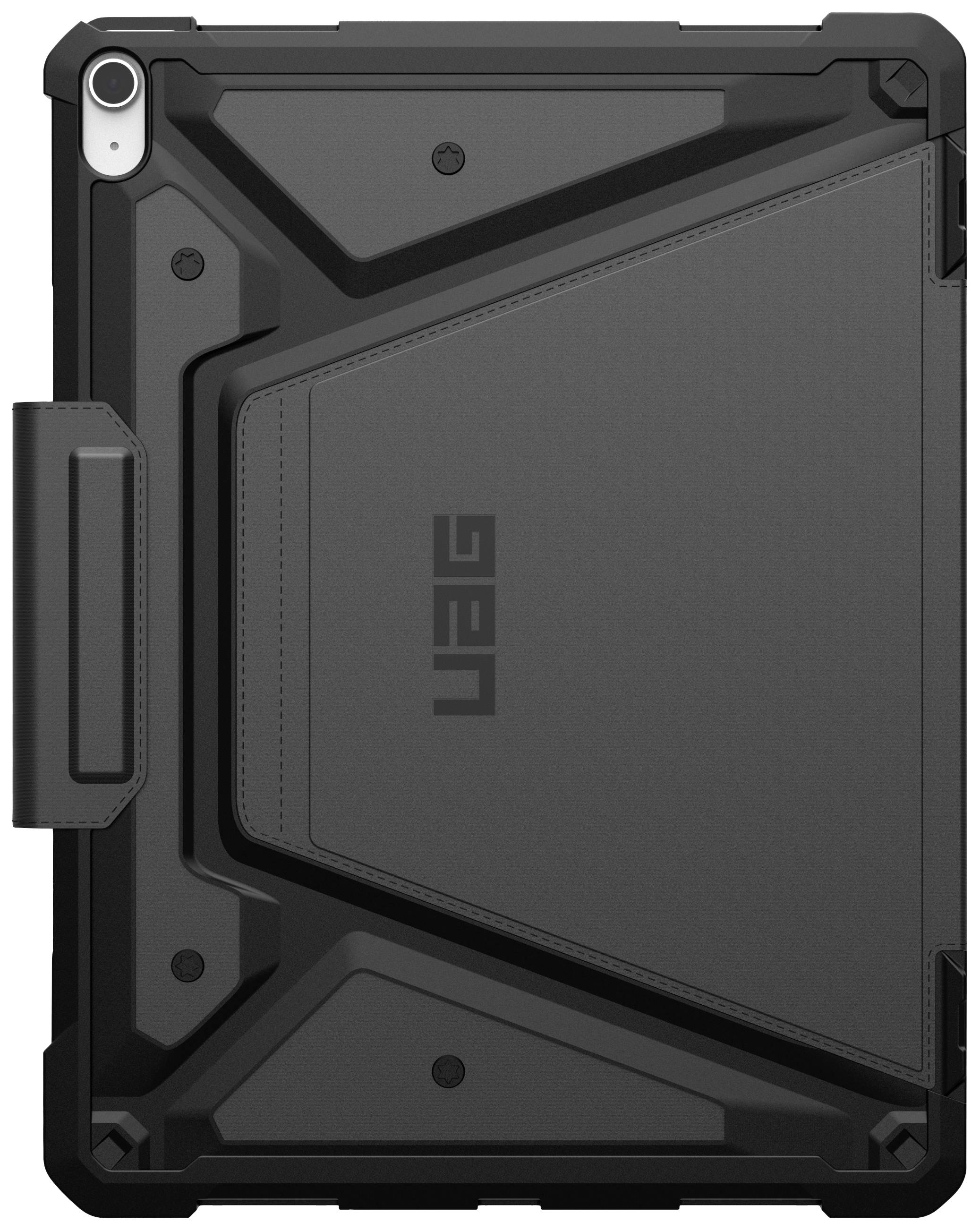 Schwarzes, robustes Tablet-Gehäuse mit strukturiertem Design und integriertem Stifthalter, geeignet für iPads.