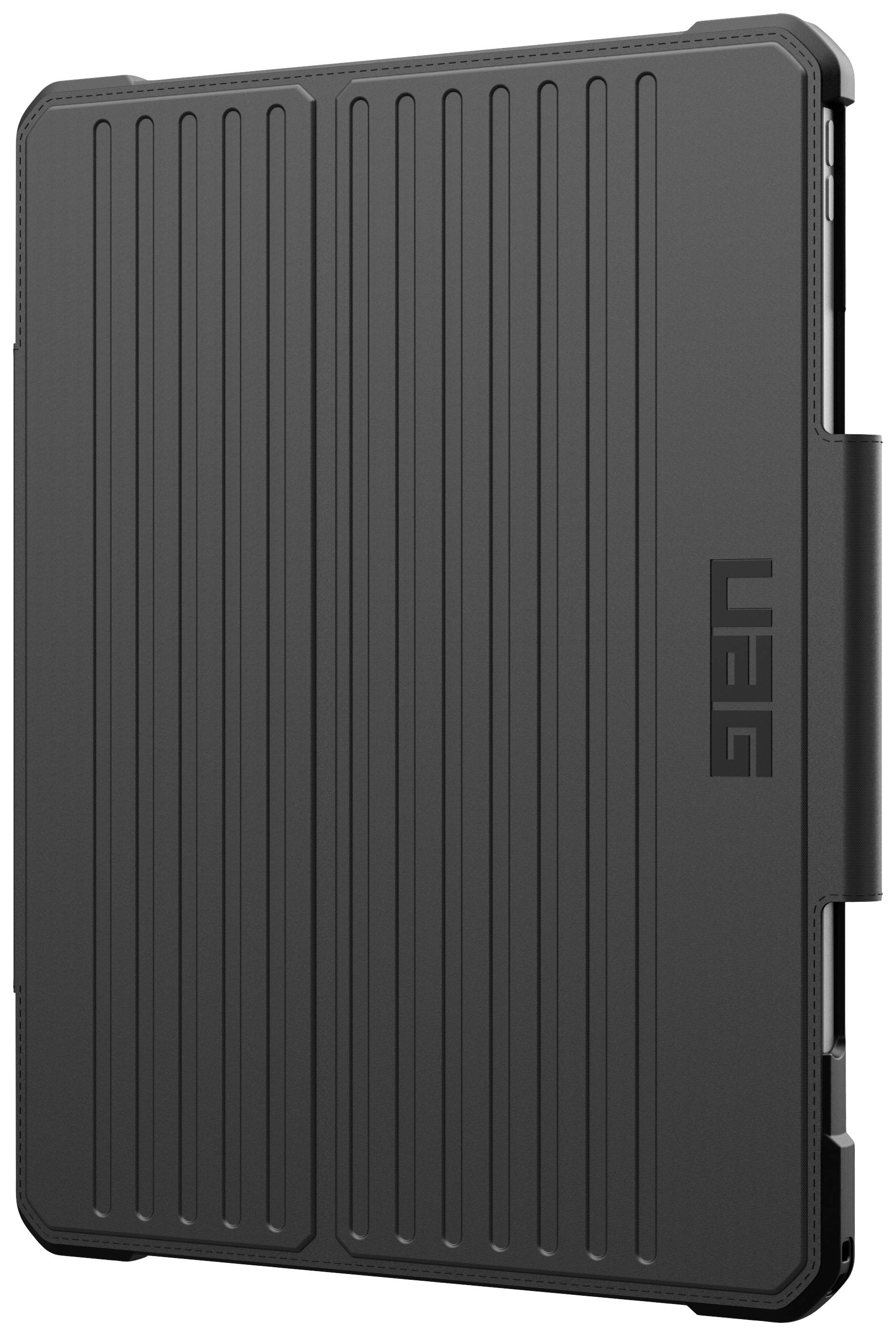 Schwarze, robuste Schutzhülle für ein Tablet, mit vertikalen Rillen und Firmenlogo auf der Rückseite, bietet umfassenden Schutz.