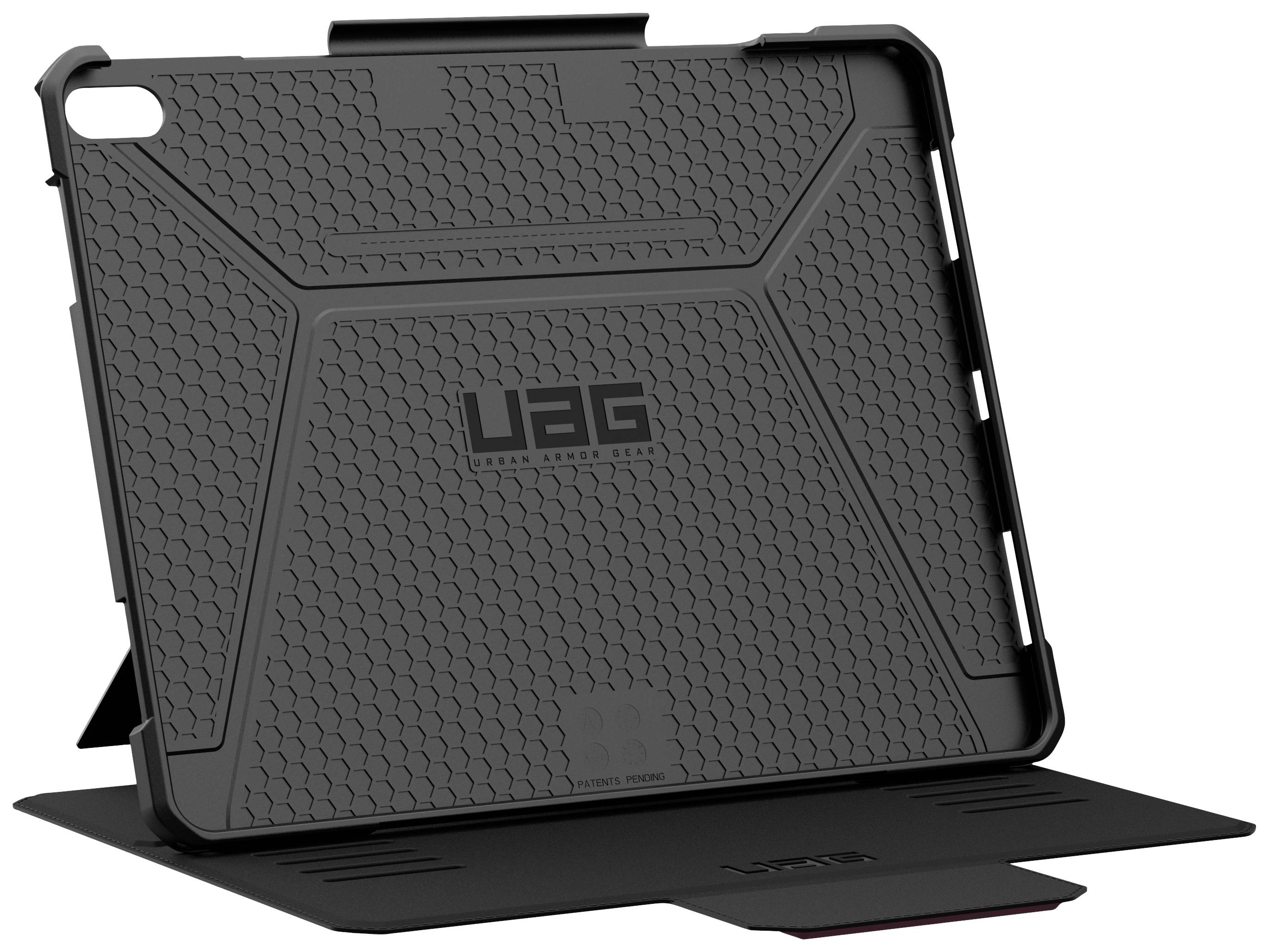 Schwarzes Tablet-Case mit strukturiertem Oberflächendesign, bietet robusten Schutz. Herstellername 'UAG' sichtbar auf Rückseite.