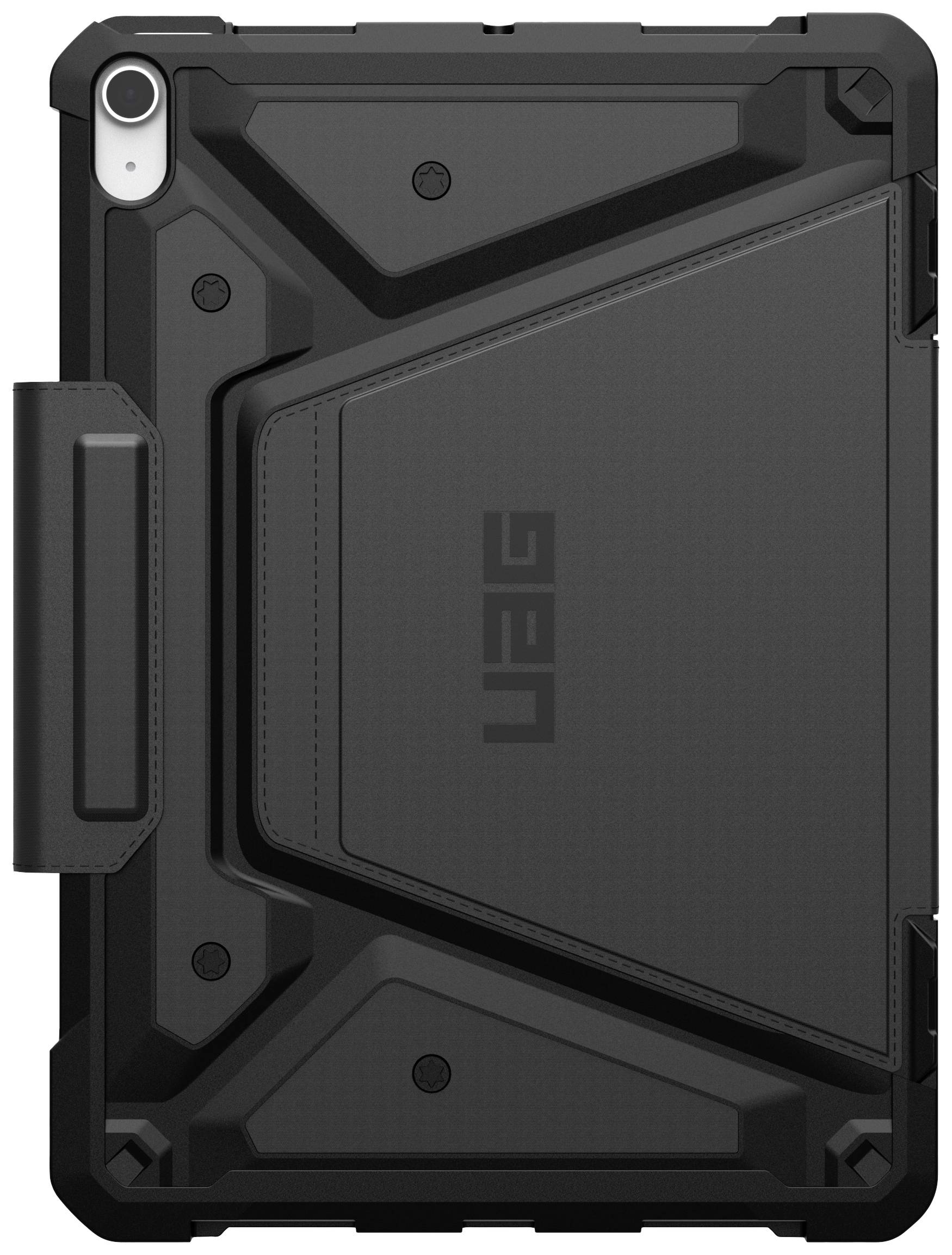 Robuste schwarze Tablet-Hülle mit strukturiertem Design, verstärkten Ecken und einem Stifthalter links.