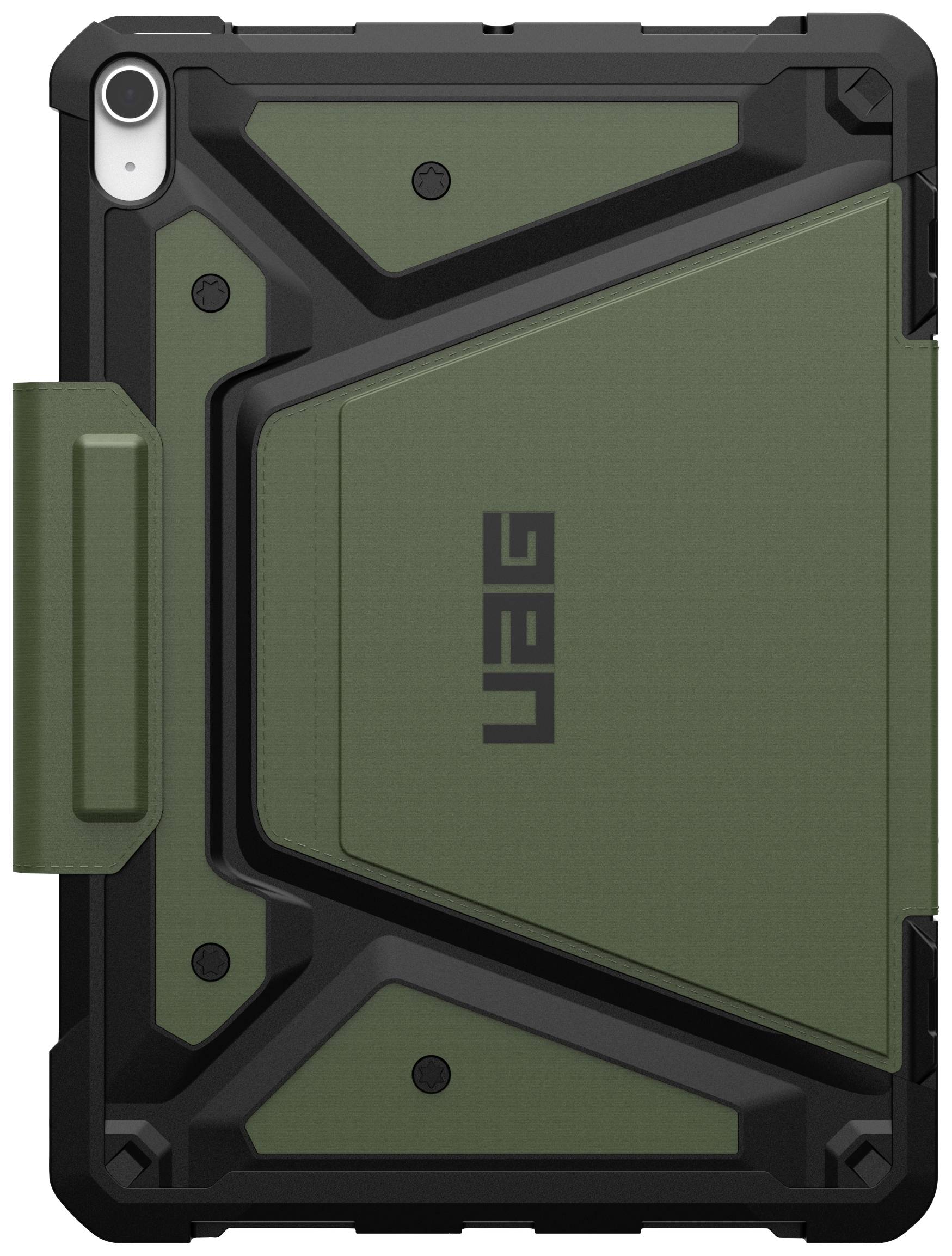 Grüne und schwarze Schutzhülle für Tablet mit markantem, robustem Design und geprägtem 'UAG'-Logo auf der Rückseite.