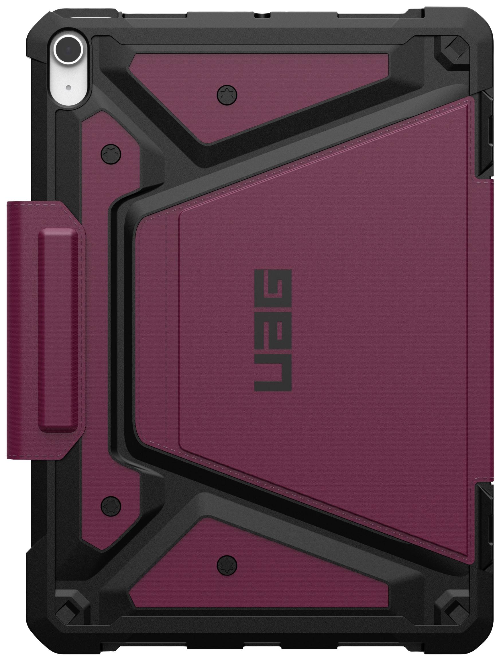 Schutzhülle für ein Tablet in Rot und Schwarz mit robustem Design und Logo der Marke UAG, kombiniert mit verstärkten Ecken.