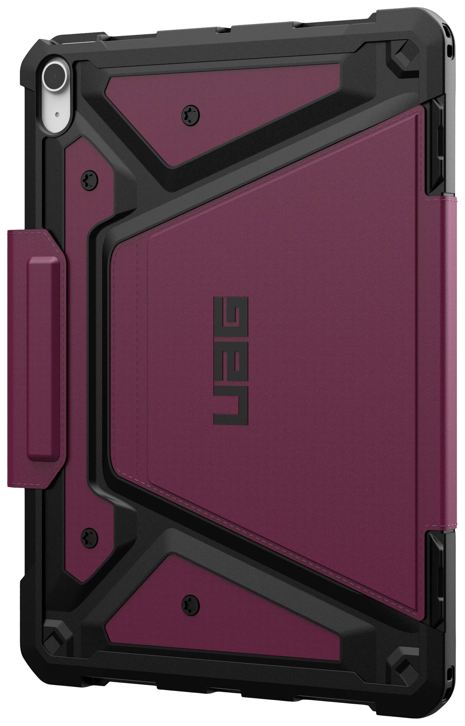 Ein robustes iPad-Case in Lila mit schwarzem Rahmen. Markennamen auf der Rückseite sichtbar. Schützt das Gerät vor Stößen.