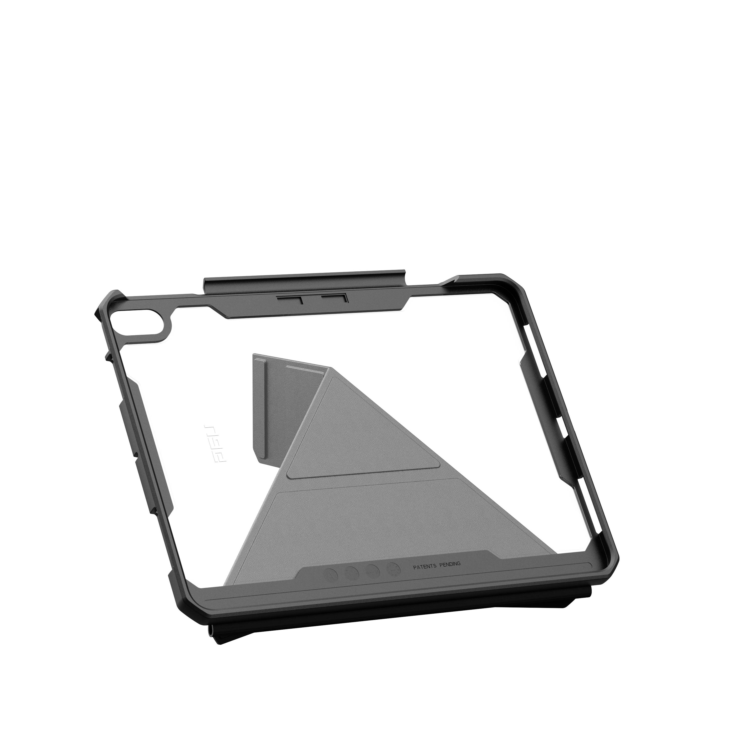 Ein schwarzes Tabletcasing mit integriertem Ständer. Der Ständer ist in einer dreieckigen Form gestaltet, um das Gerät zu stabilisieren.