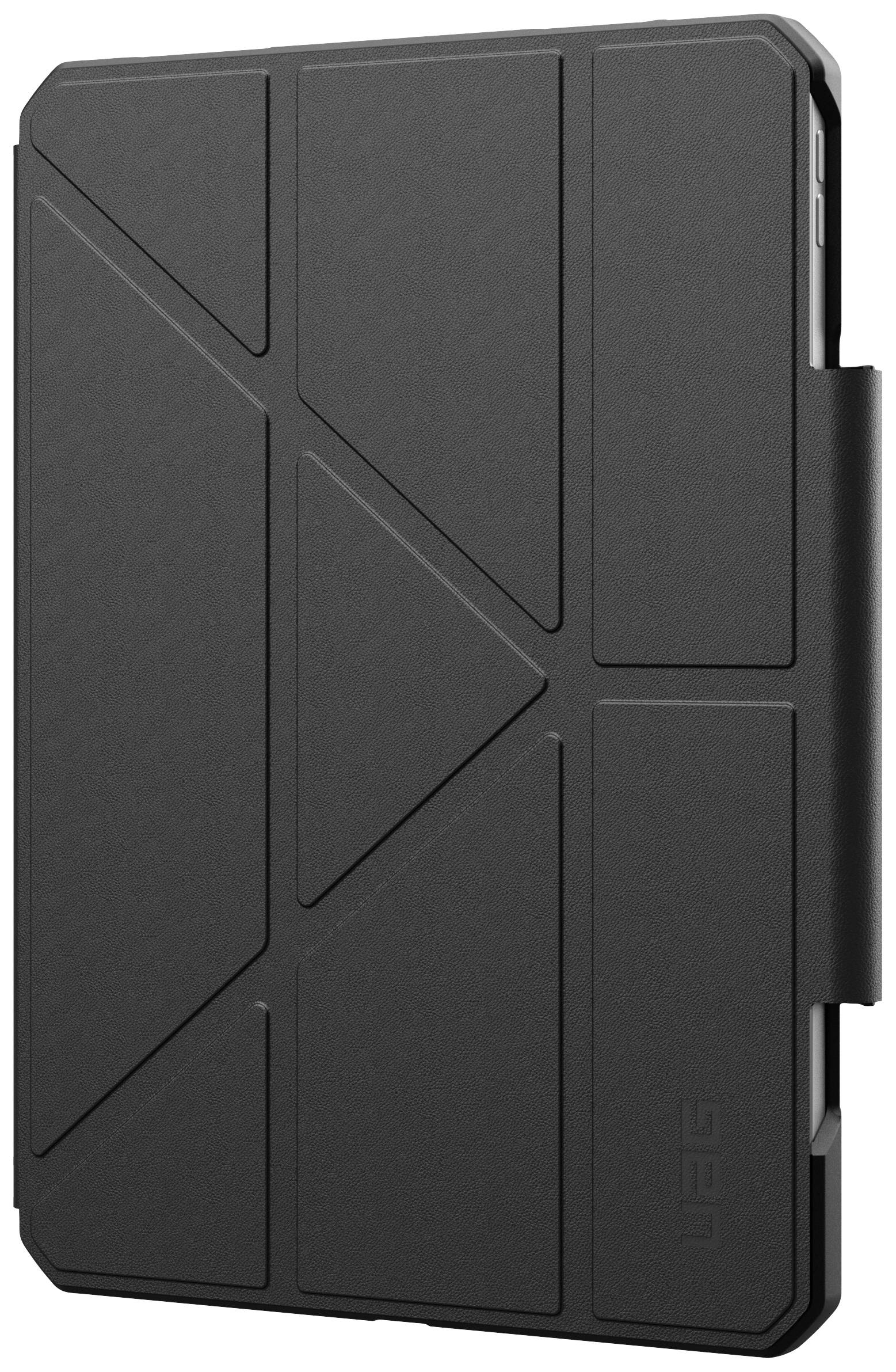 Eine schwarze Tablet-Hülle mit geometrischem Design und abgeflachten Kanten. Sie bietet Schutz und Stabilität für das Gerät.