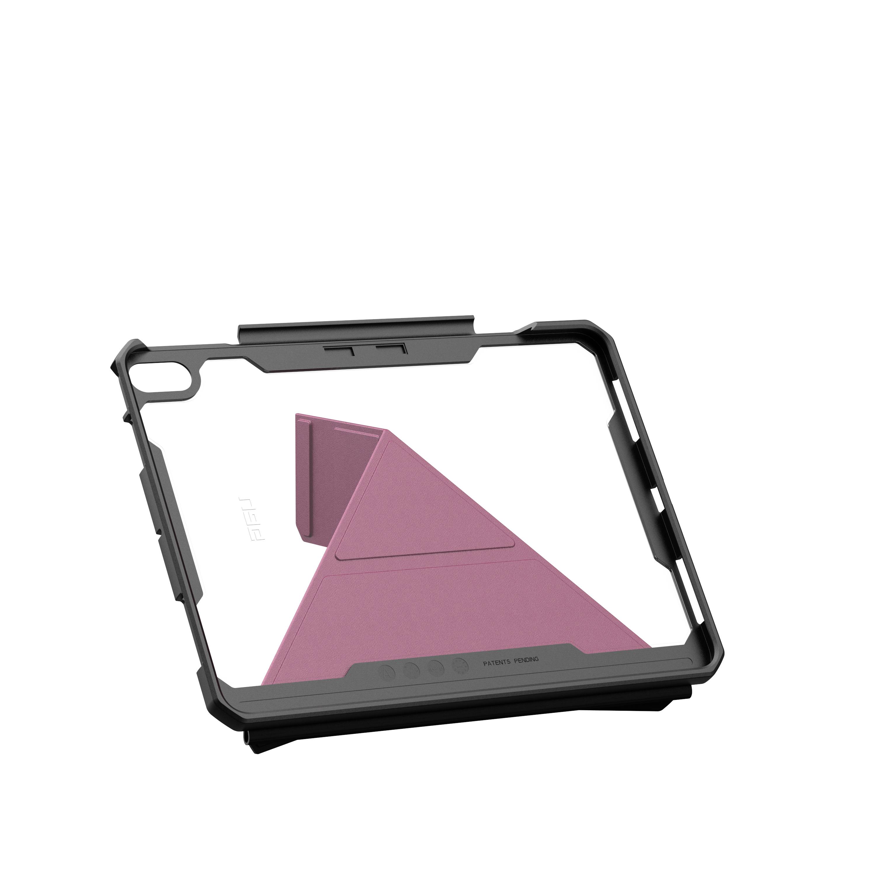 Eine schwarze Tablet-Hülle mit integriertem rosa Ständer, der das Gerät in einem aufrechten Winkel hält.