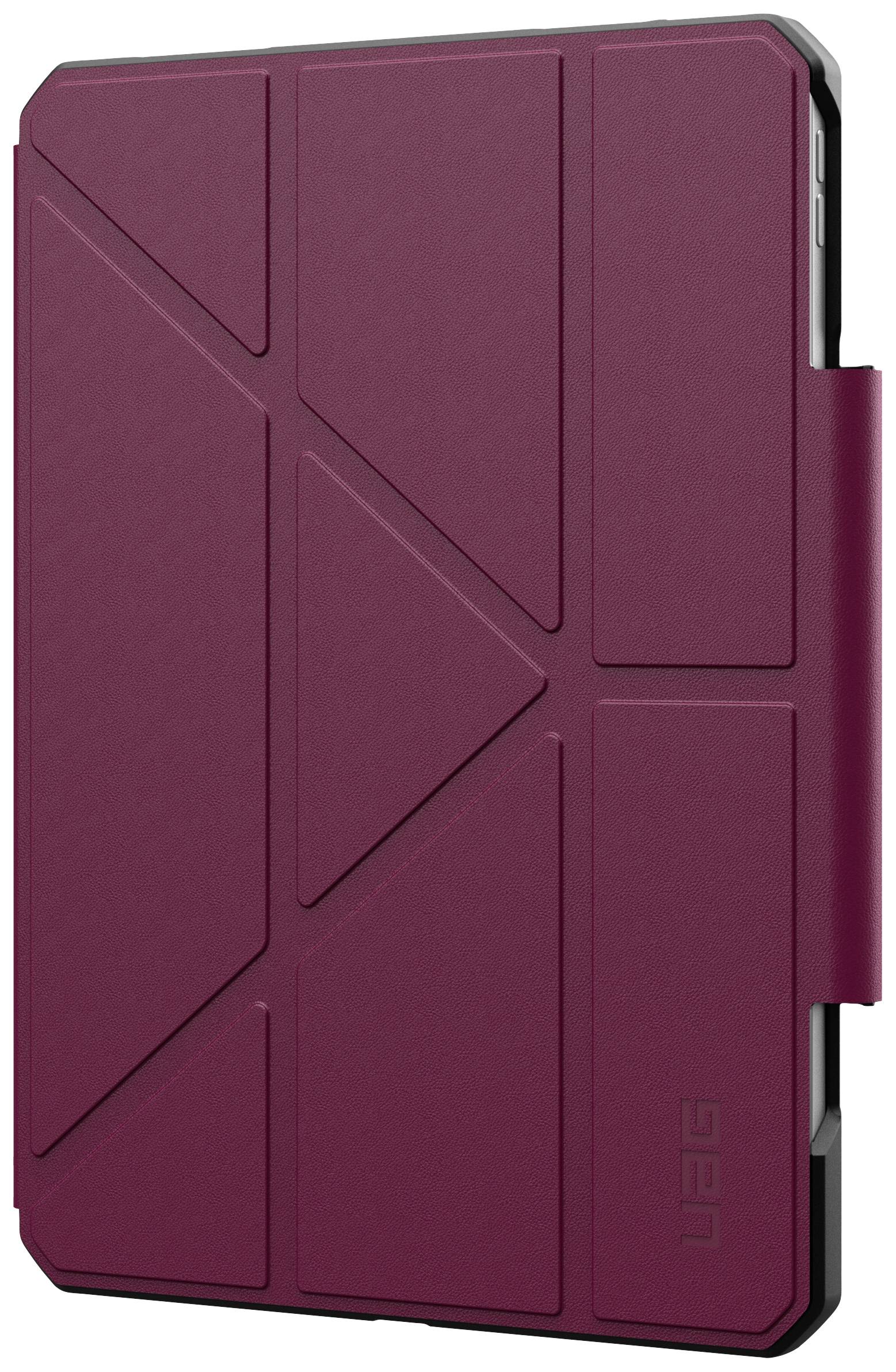 Rotes Tablet-Hülle mit geometrischem Muster, stabile Ecken und Verschlusslasche, bietet Schutz für das Gerät.