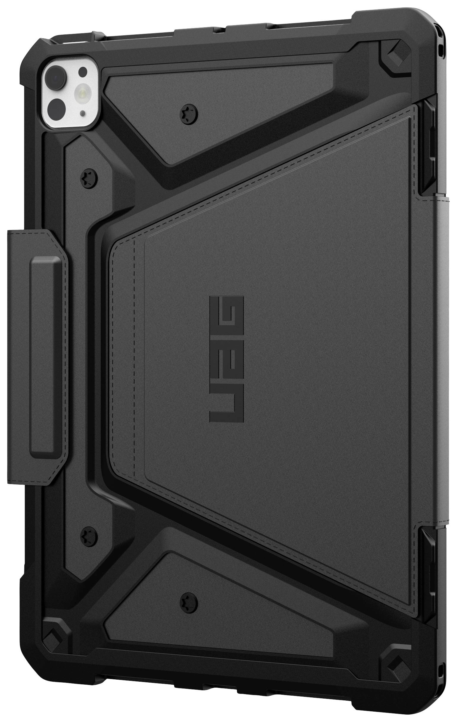 Schwarze, robuste Tablet-Hülle mit geometrischem Design bietet erhöhten Schutz an den Ecken. Markenname 'UAG' auf der Rückseite.