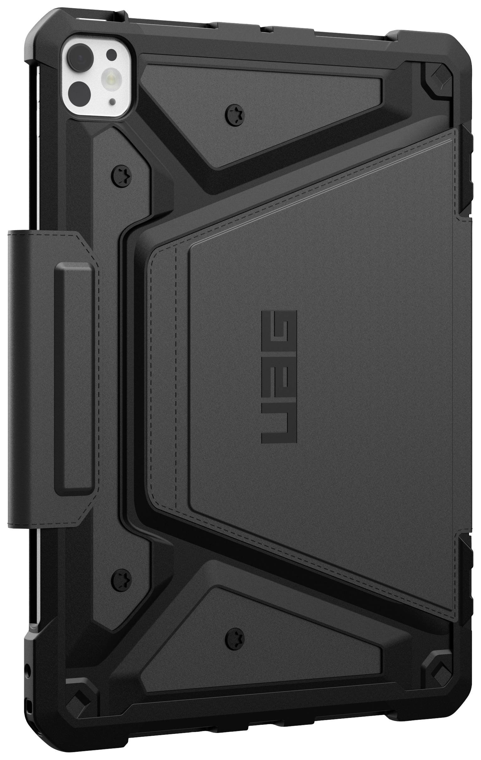 Tablet mit einer robusten schwarzen Schutzhülle. Die Hülle hat ein strukturiertes Design und schützt die Rückseite und Kanten des Geräts.