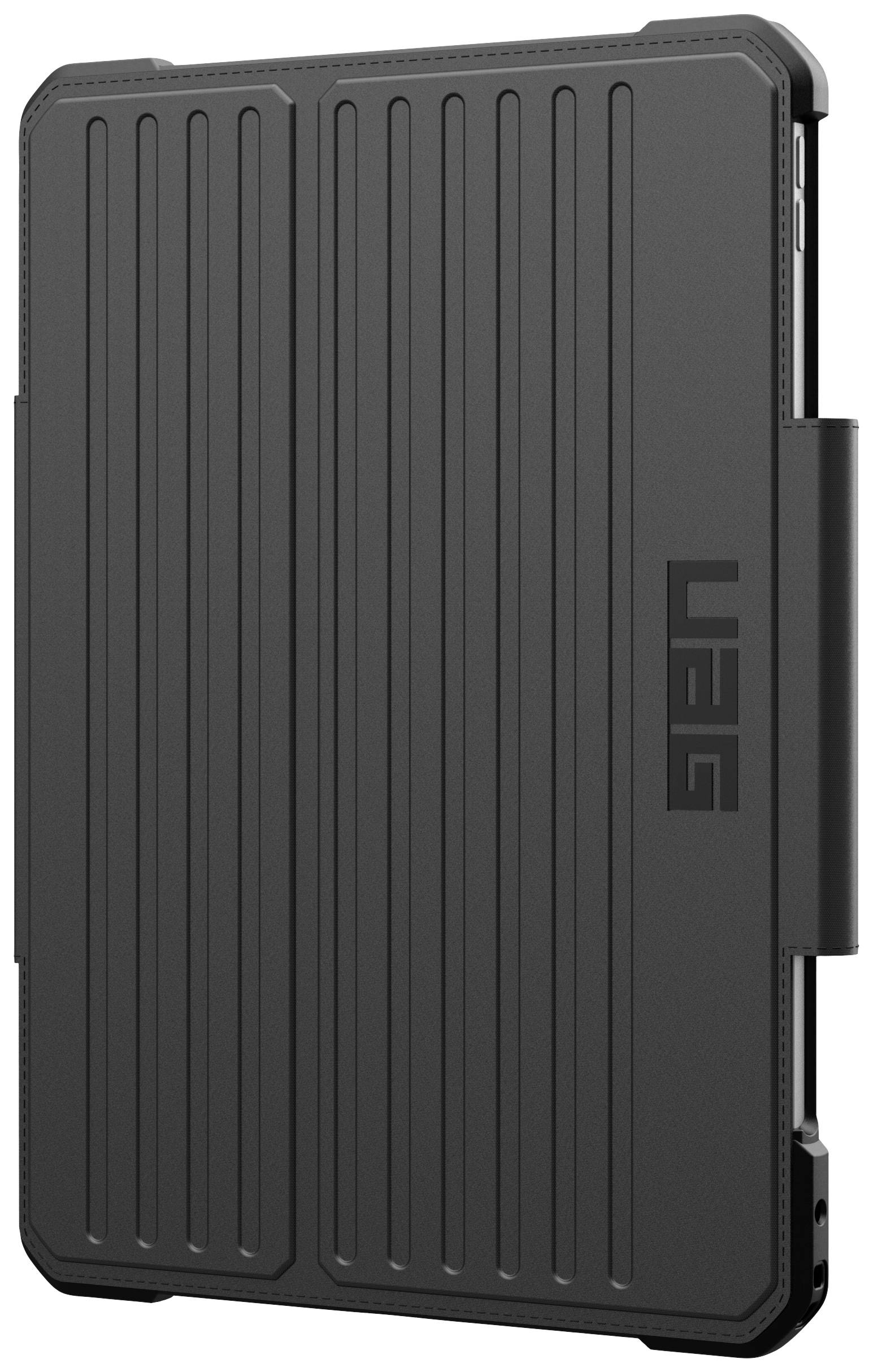 Schwarzes, robustes Tablet-Etui mit vertikalen Rillen und Logo auf der Vorderseite.