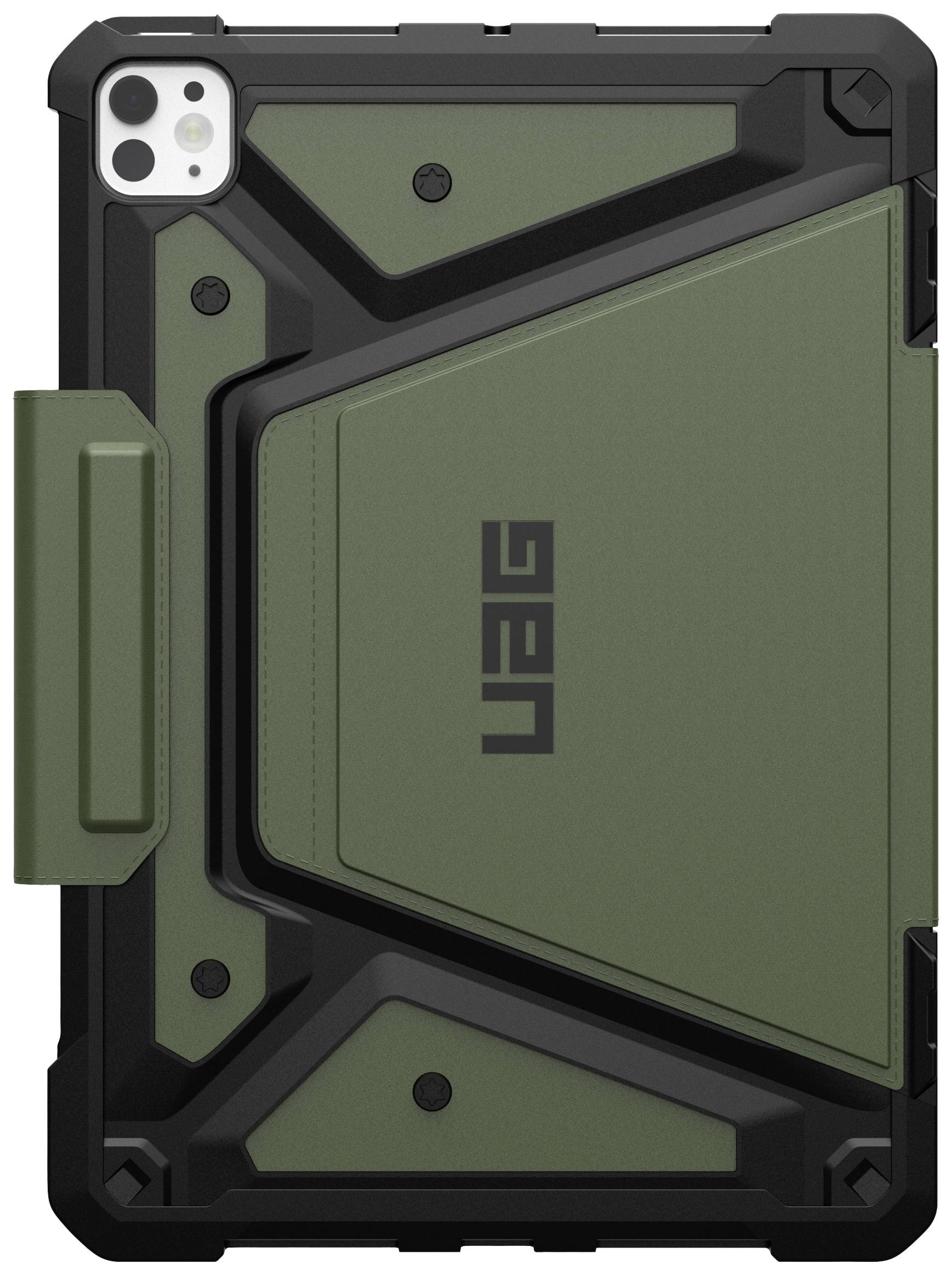 iPad in einer robusten, grünen Schutzhülle aufrecht stehend.