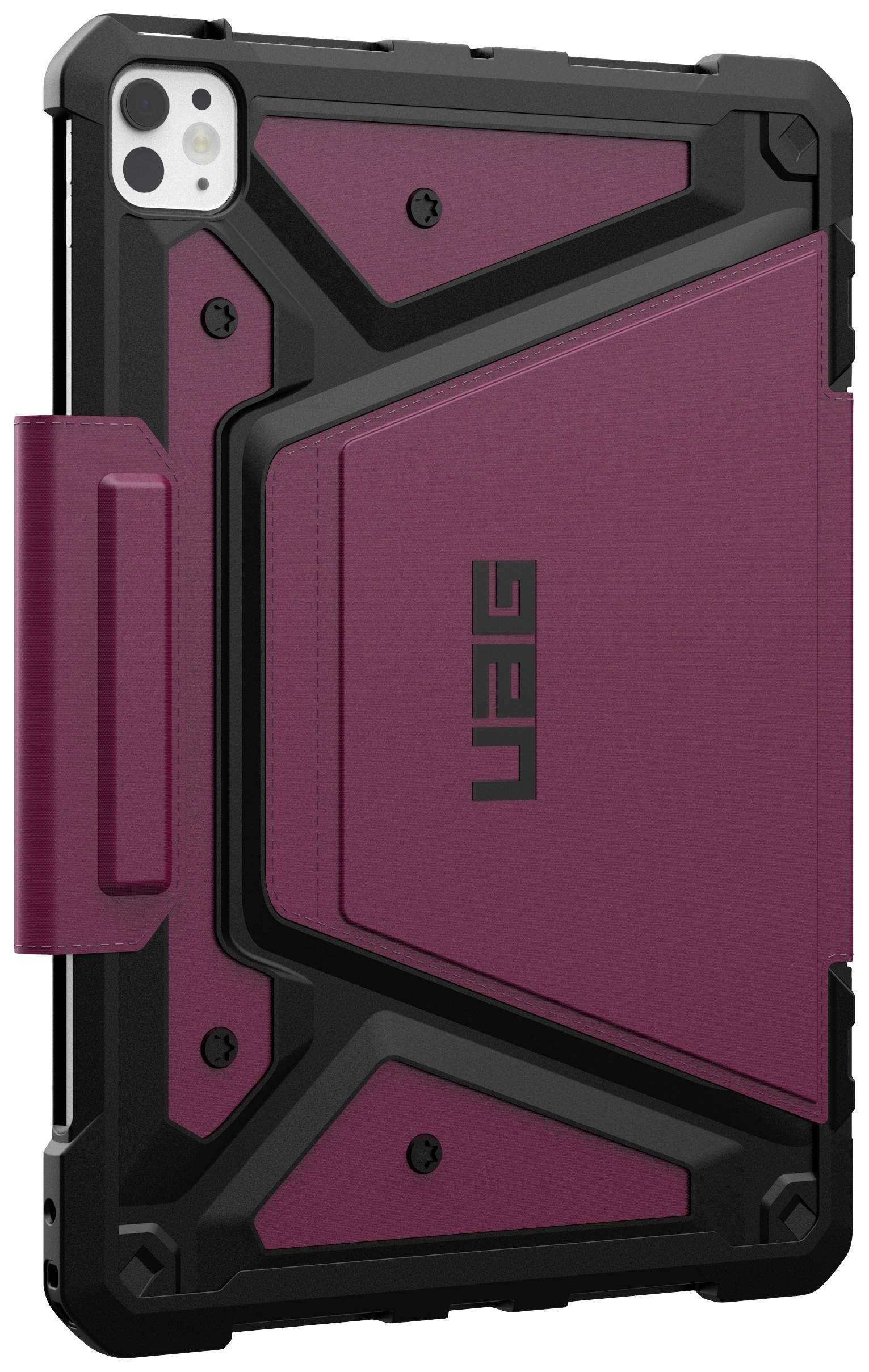 Tablet in einer robusten, weinroten Schutzhülle mit schwarzem Design. Die Hülle hat einen Stifthalter und das Logo 'UAG' darauf.