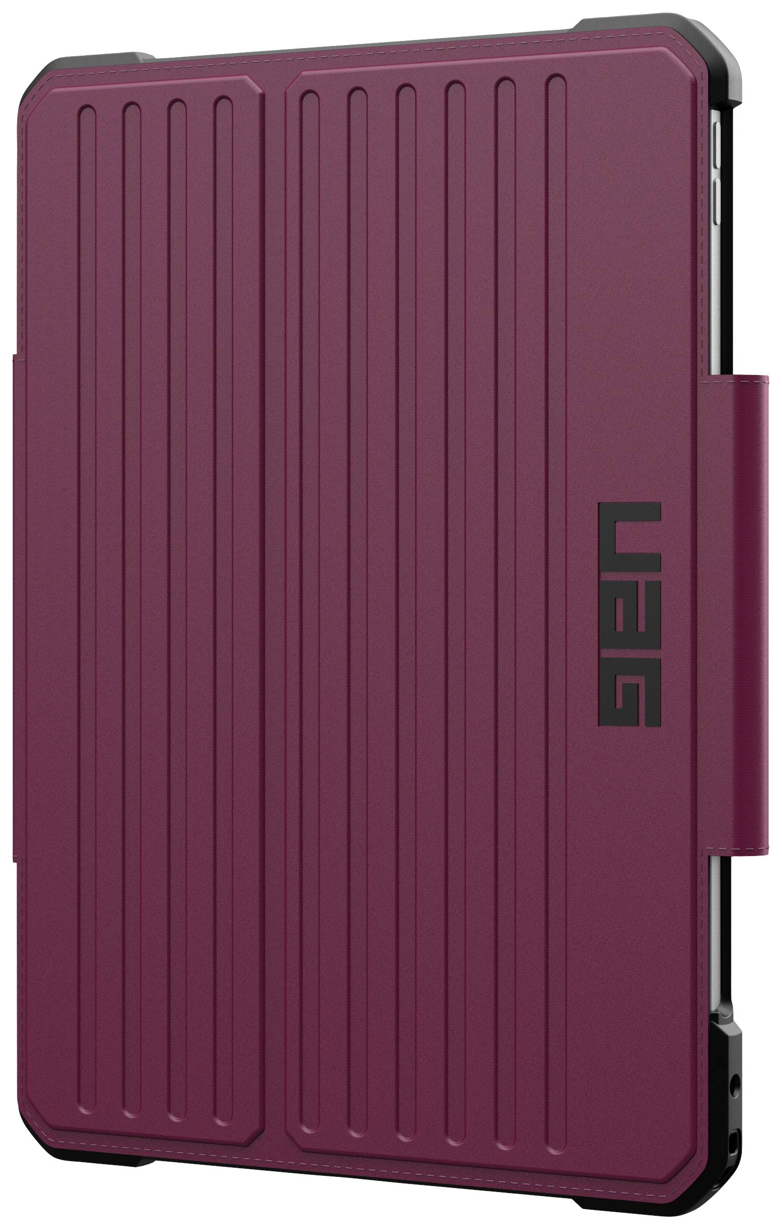 Schutzhülle für Tablet, dunkelrot, vertikale Rillen, seitlich 'UAG'-Logo sichtbar, solides und rutschfestes Design.