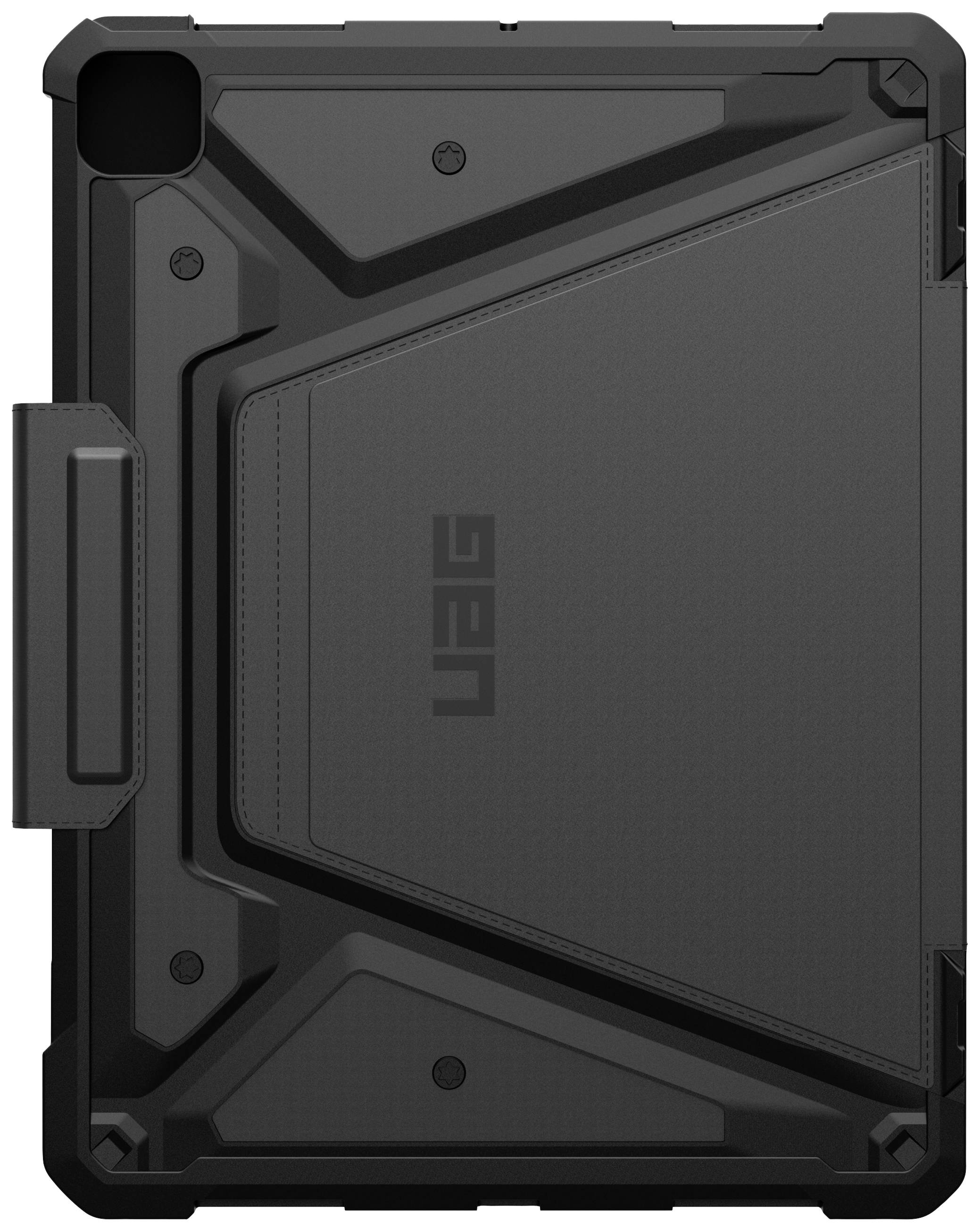 Ein schwarzes, strukturiertes Schutzetui für ein Tablet mit robustem Design und eckigem Muster, bietet zusätzlichen Halt und Schutz.