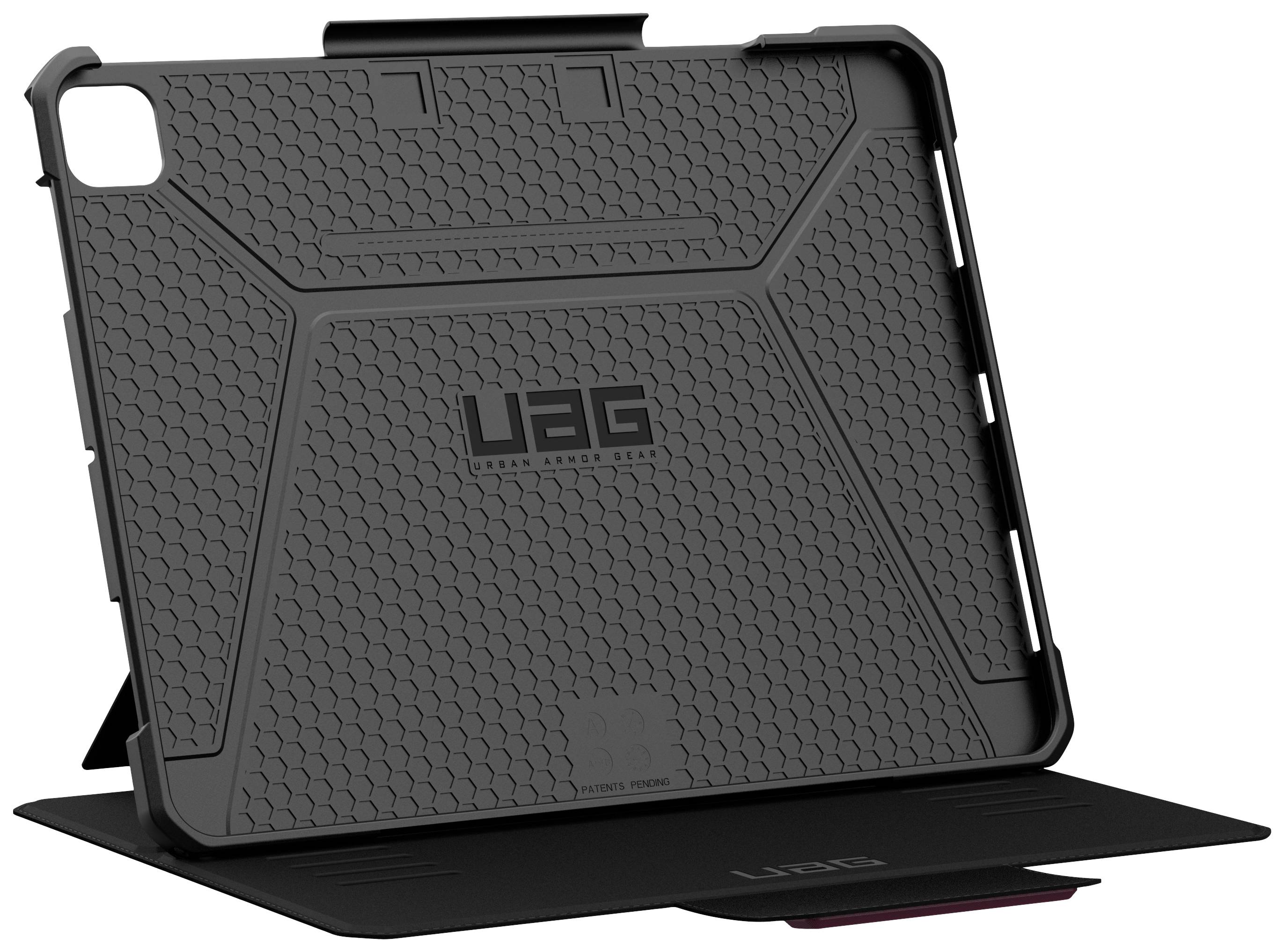 Schwarze robuste Tablet-Hülle mit integriertem Ständer, hexagonalem Muster und Logo der Marke 'UAG' auf der Rückseite.