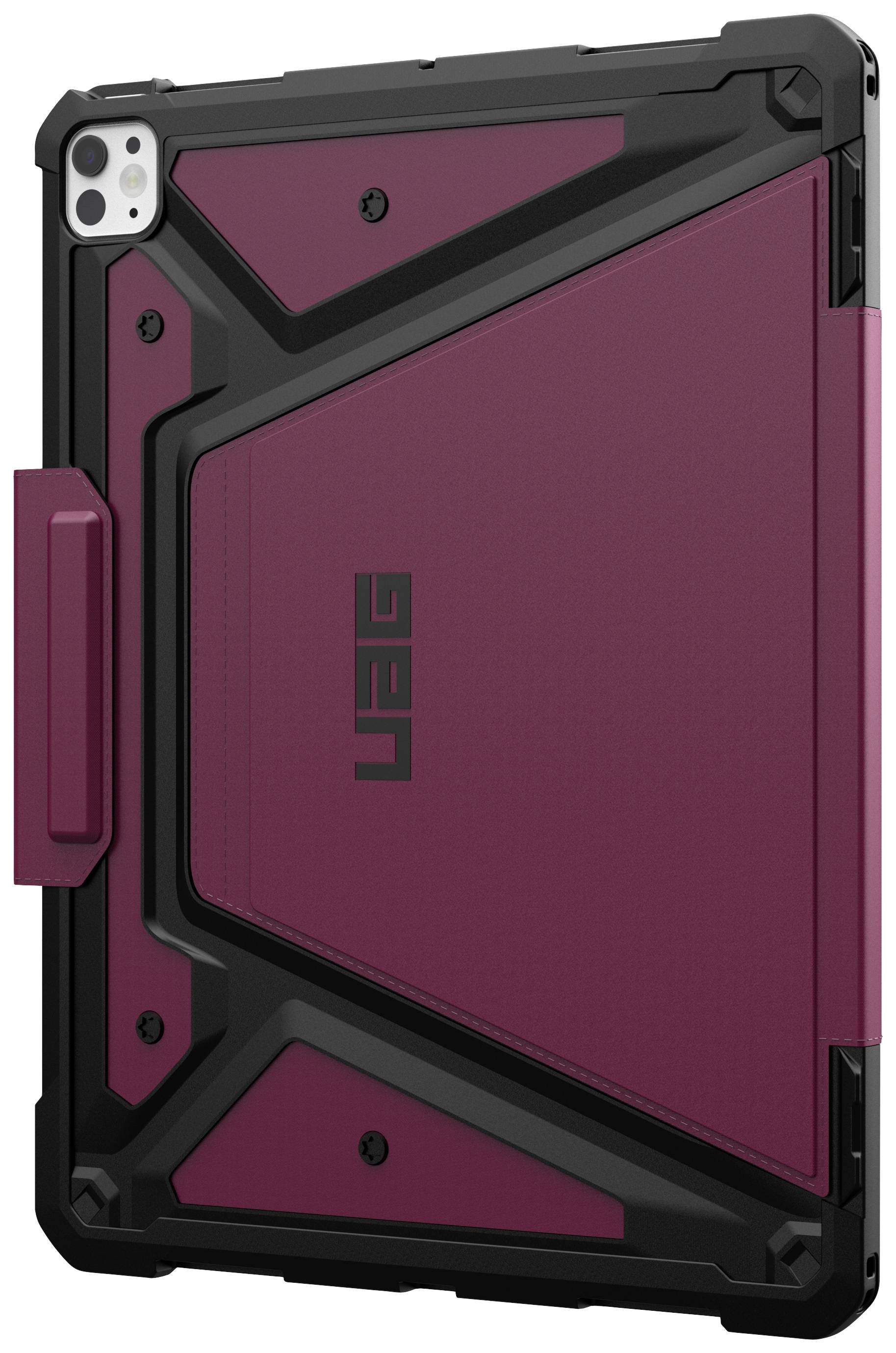 Schutzhülle für ein Tablet, robustes Design in Bordeaux und Schwarz mit markanten geometrischen Formen und verstärkten Ecken.