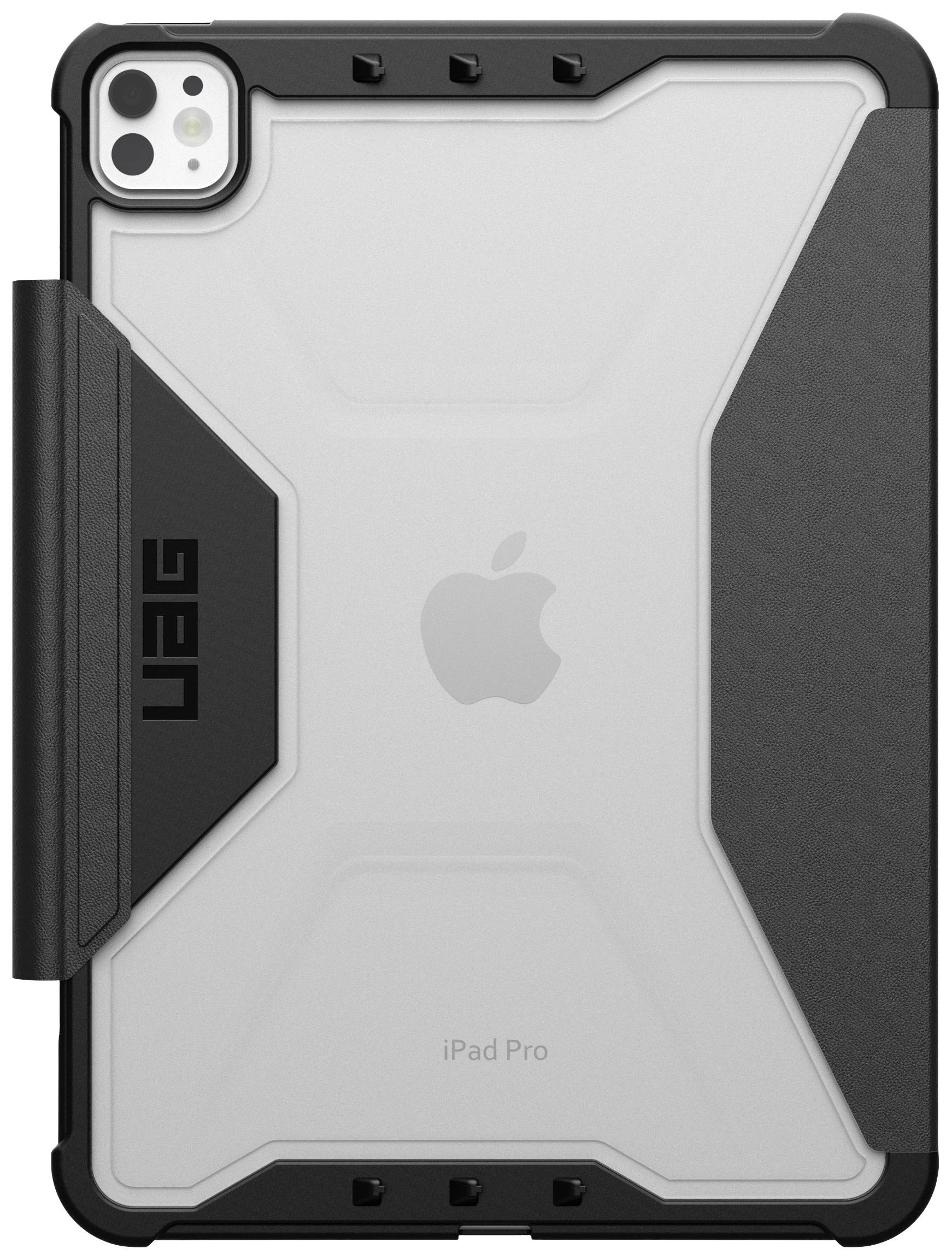 Harter schwarzer Schutzrahmen um ein iPad Pro mit sichtbarem Apfel-Logo und Markenname 'UAG' auf der Seite.