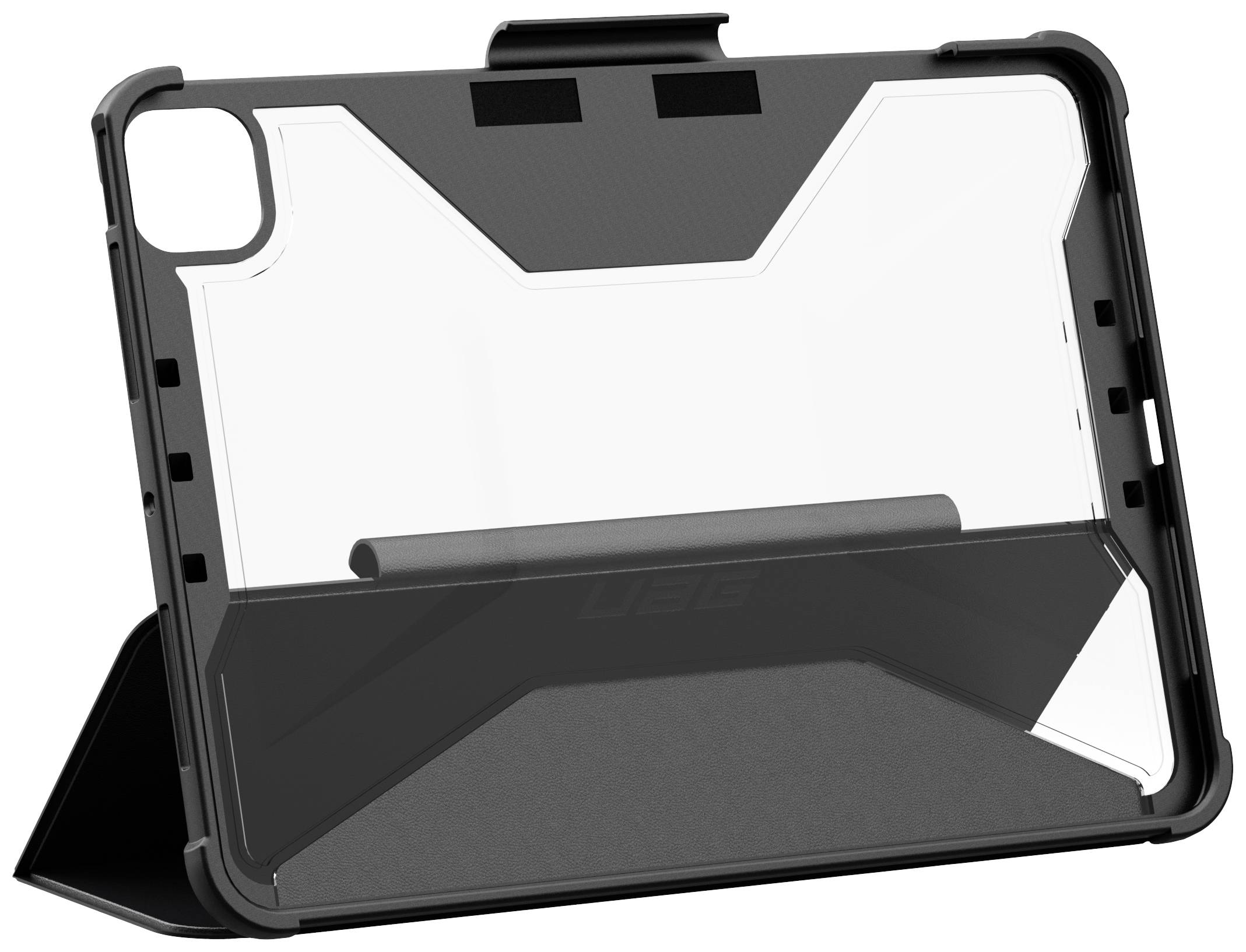 Schwarzes Tablet-Case aus stabilem Kunststoff mit transparentem Rückenteil und integriertem Ständer. Schützt das Gerät und ermöglicht freihändige Nutzung.