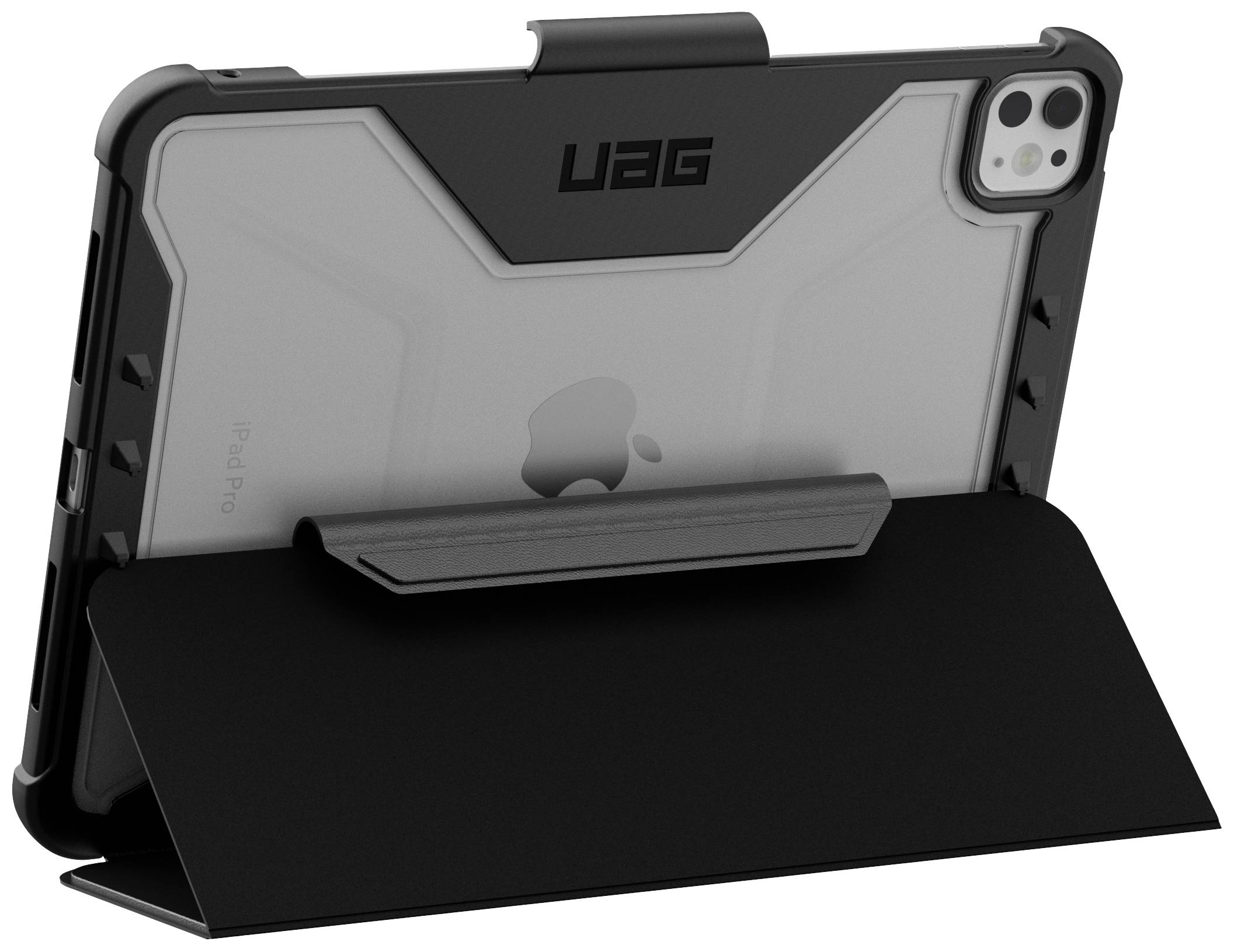 Tablet in schwarzer Schutzhülle, im Querformat stehend. Rückseite mit Markenlogo sichtbar. Kamera und Ständer hervorgehoben.