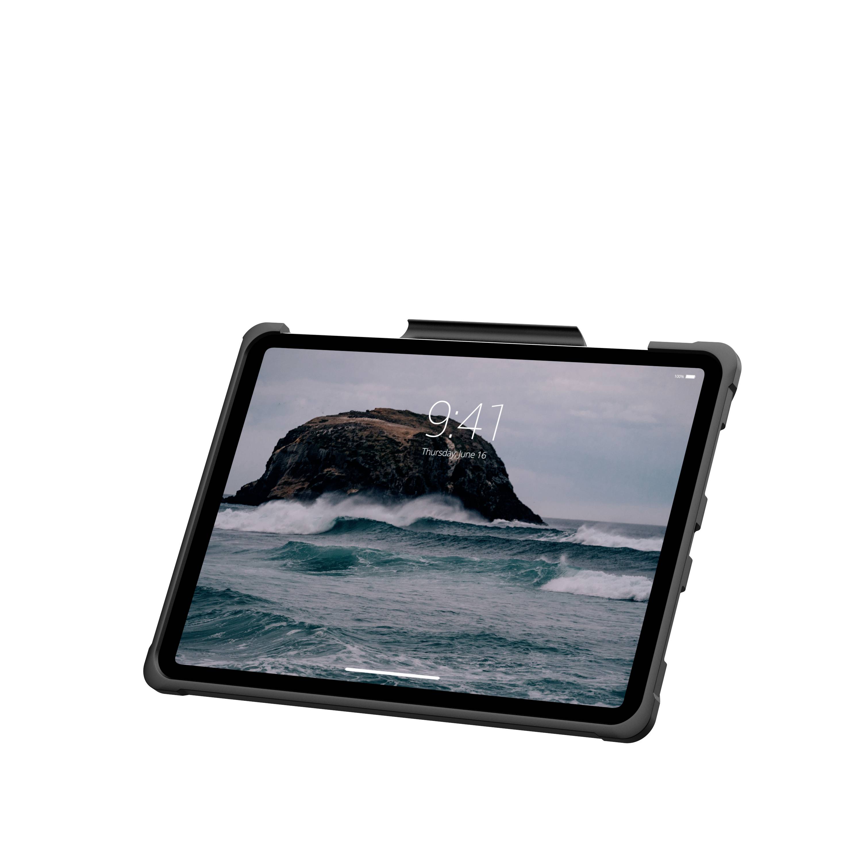 Ein Tablet mit einem Bild von Wellen und einem Felsen auf dem Bildschirm. Der angezeigte Bildschirm zeigt die Uhrzeit 9:41.