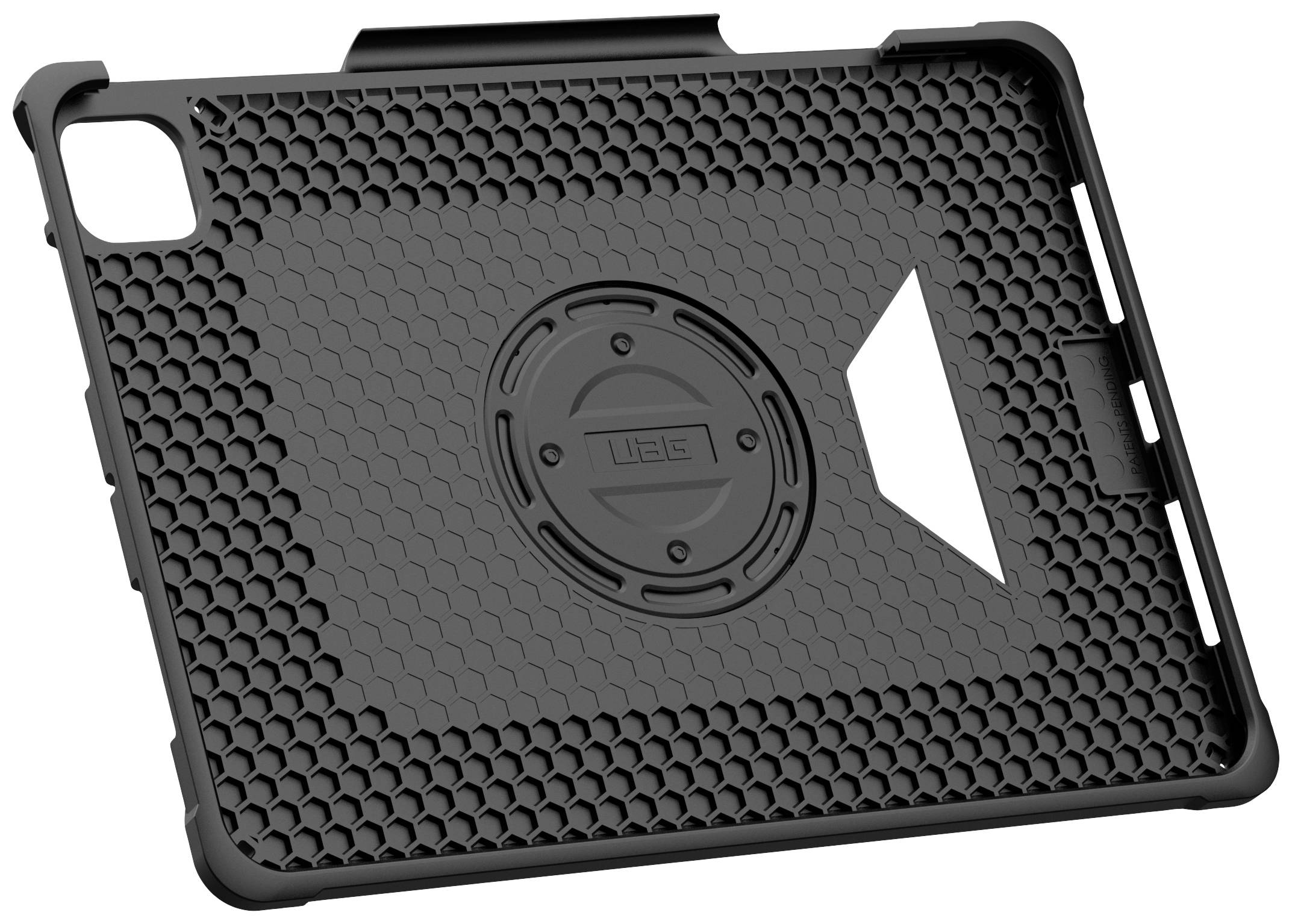 Schwarze, robuste Schutzhülle mit Wabenmuster und integriertem Ständer für ein Tablet. Bietet zusätzlichen Schutz und Funktionalität.