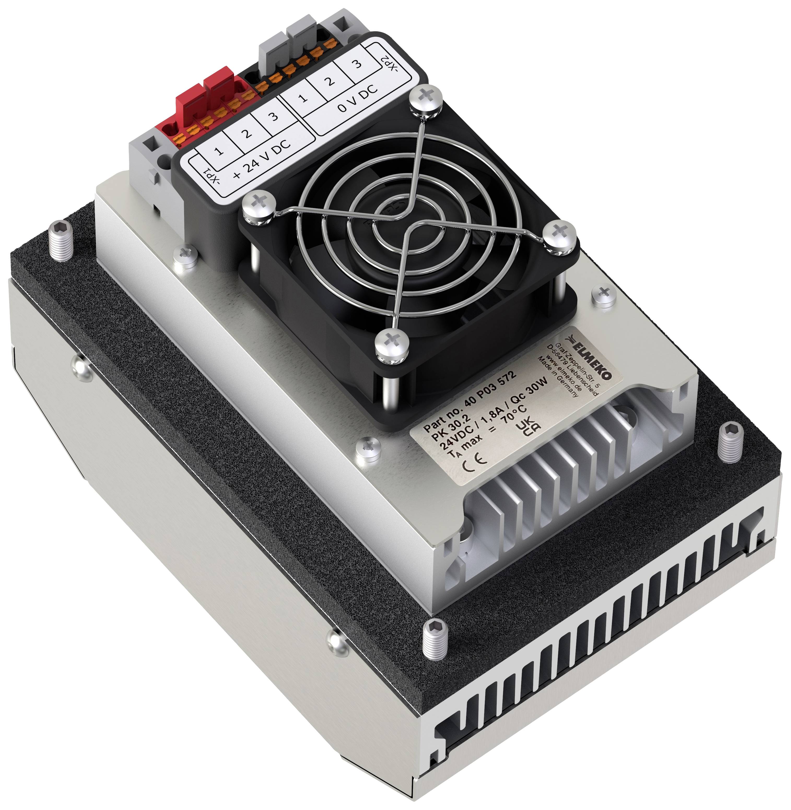 Industrieelektronikgerät mit Lüfter und Beschriftung der Anschlüsse: '+12V DC' und '0V DC'. Hergestellt von ElmaKO.