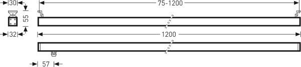 Abmessungen eines Balkens: Breite 57, Höhe 32, Länge 1200 mm. Verstellbare Länge 75-1200 mm. Aufhängevorrichtung oben links.
