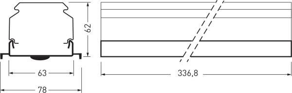 Technische Zeichnung eines Bauteils mit den Abmessungen: Höhe 62 mm, Breite 63 mm, Tiefe 336,8 mm. Weitere Maßangaben: 78 mm.