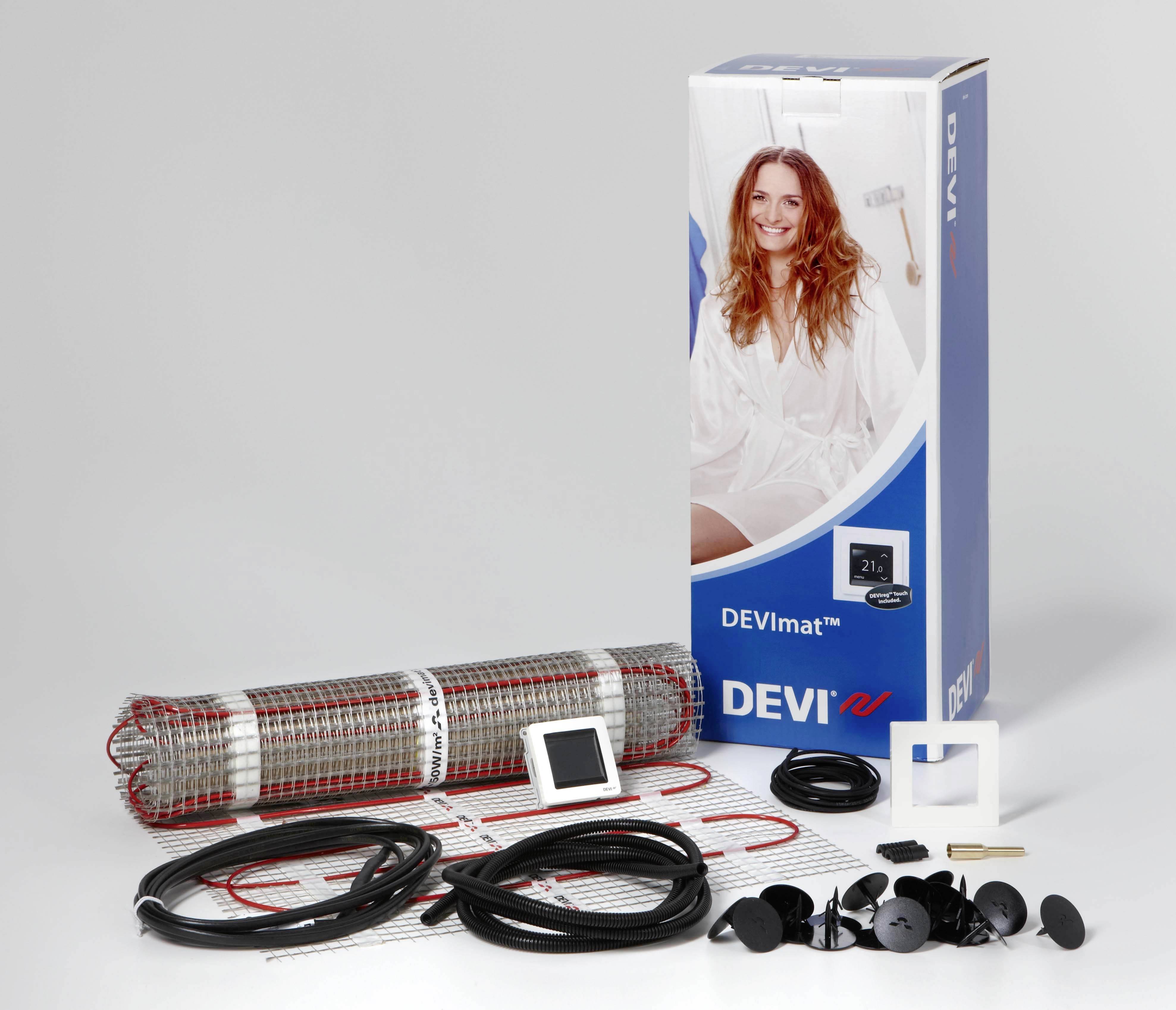 Fußbodenheizungspaket mit Heizmatte, Thermostat und Zubehör. Verpackung zeigt lächelnde Frau. Produktname 'DEVImat' auf der Box.