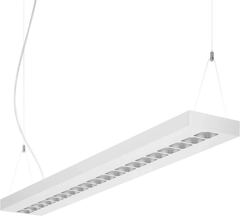 Rechteckige, weiße Hängelampe mit mehreren kleinen LED-Lichtern, an dünnen Kabeln befestigt. Modernes Design für Innenräume.