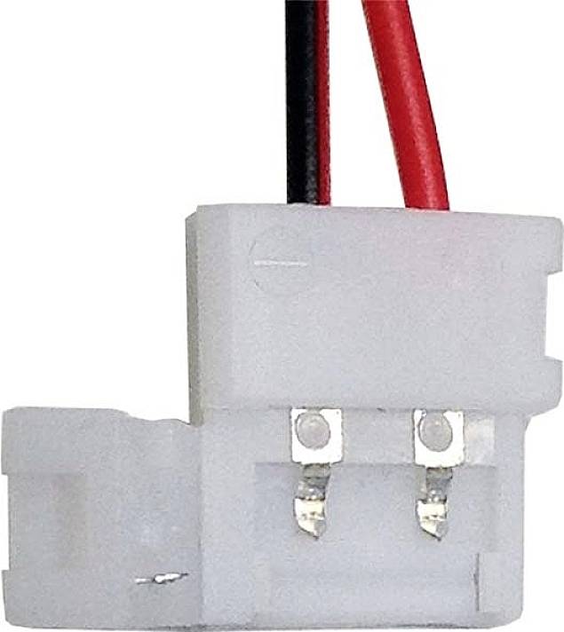 Ein weißer zweipoliger Molex-Stecker mit einem roten und einem schwarzen Kabel, hauptsächlich zur Stromversorgung von Computerkomponenten.