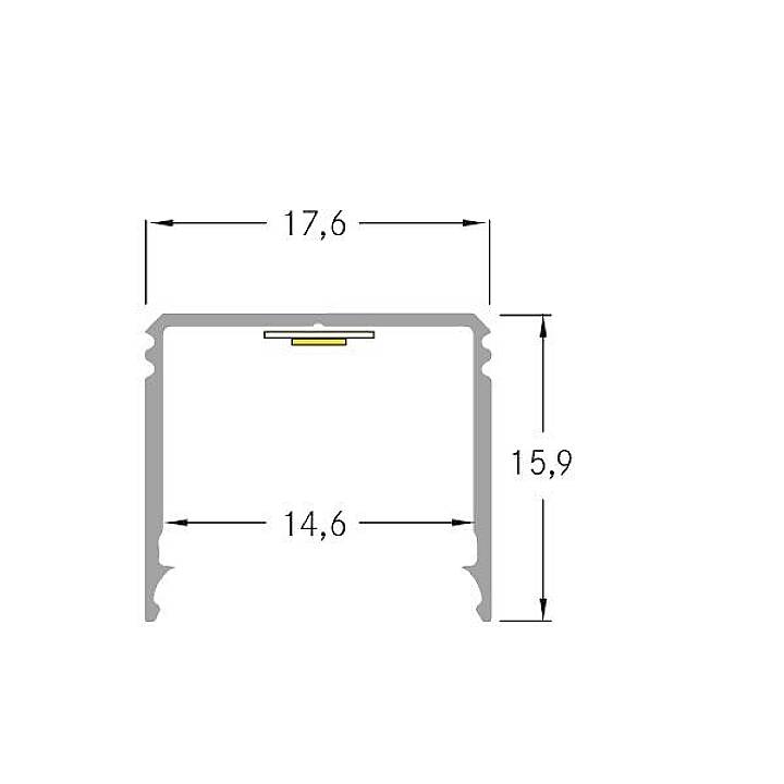 Querschnitt einer Aluminiumprofile mit Maßen: Breite 17,6 mm, Höhe 15,9 mm, Innenbreite 14,6 mm.