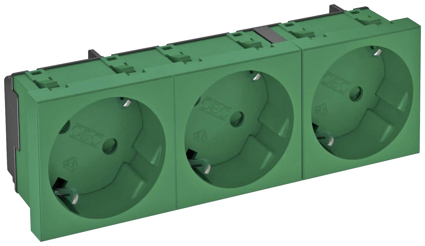 Dreifach-Steckdose in grüner Farbe, geeignet für den Einbau in Wand oder Möbel, um mehrere elektronische Geräte gleichzeitig anzuschließen.