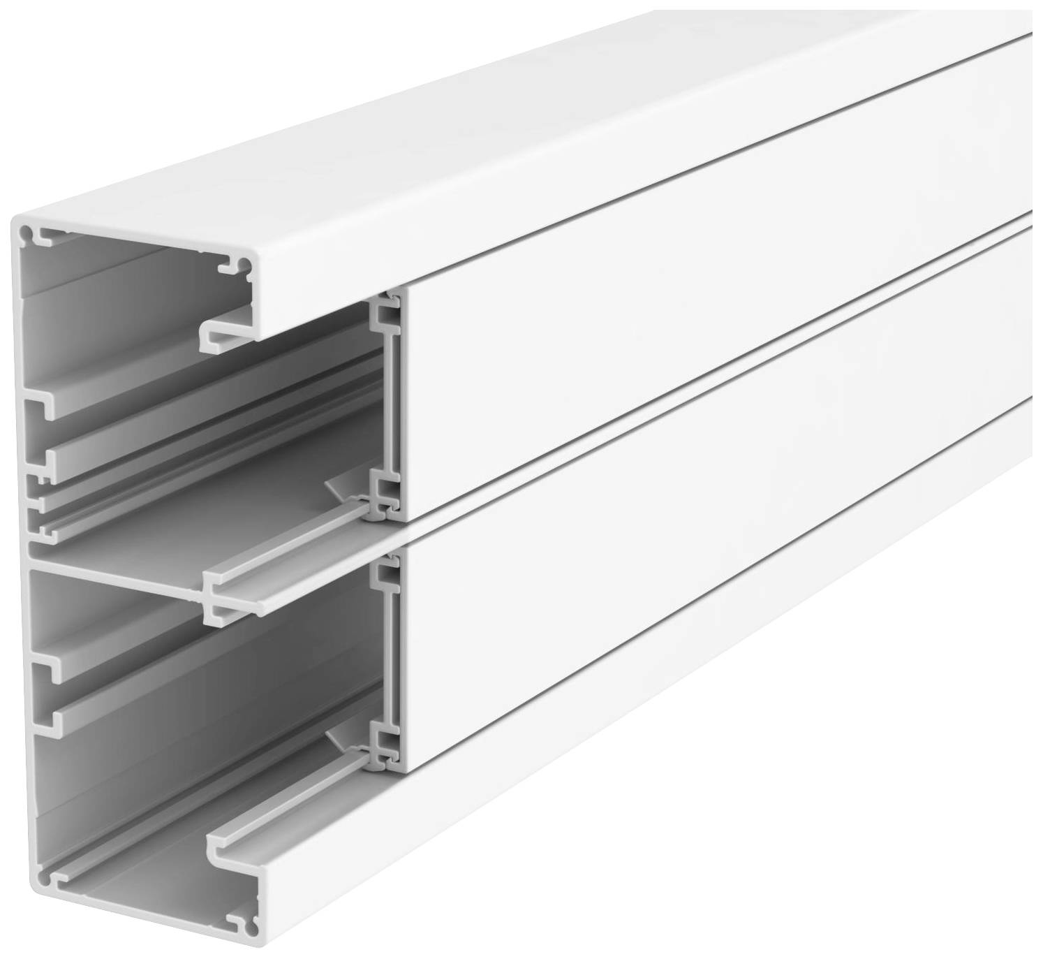 Ein weißes, rechteckiges Aluminiumprofil mit mehreren Kammern und Steckverbindungen. Geeignet für Büro- oder Industriekonstruktionen.