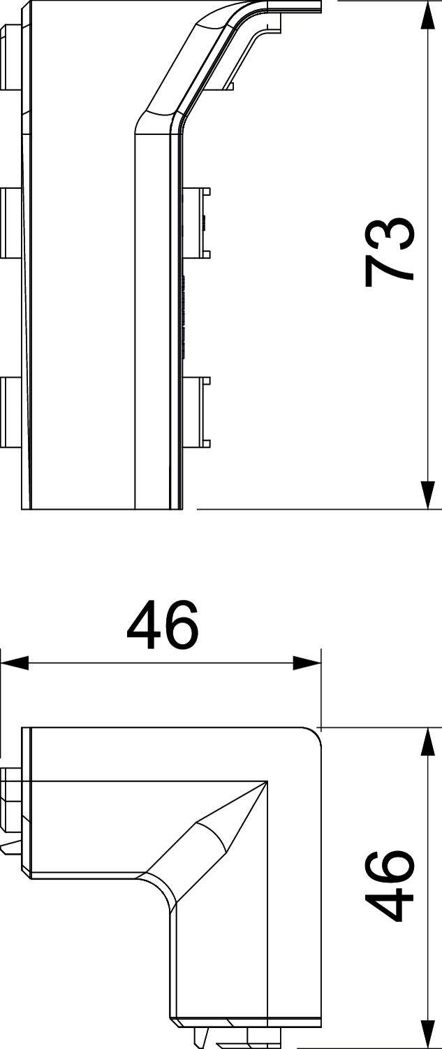 Technische Zeichnung eines rechteckigen Bauteils mit Kantenlängen: Höhe 73 mm, Breite 46 mm. Ansicht von vorne und der Seite.