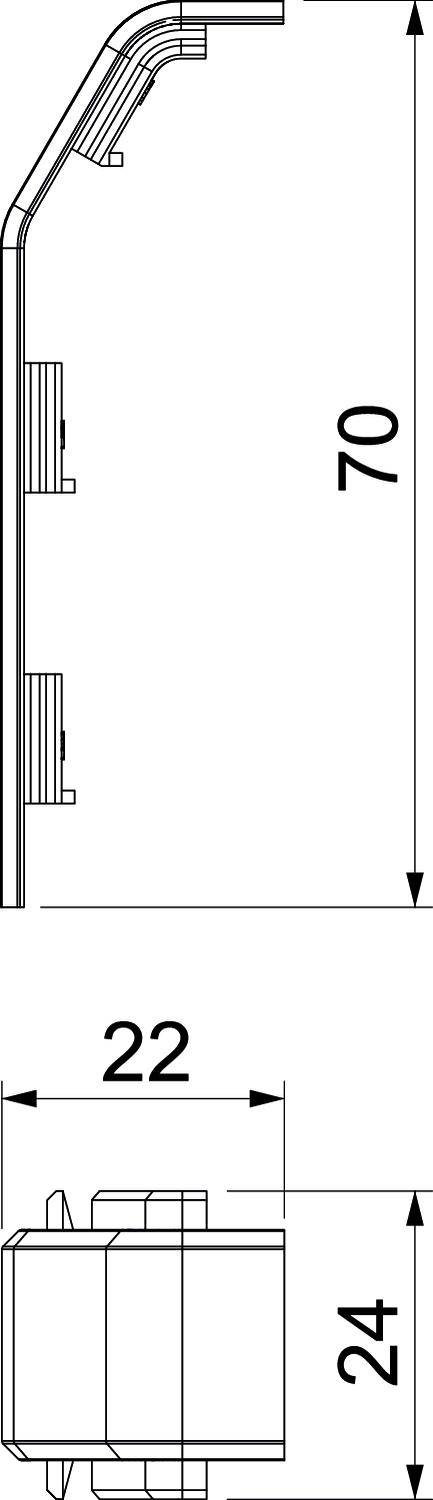 Technische Zeichnung eines Steckprofils mit Maßen: Höhe 70 mm, Breite 22 mm, Tiefe 24 mm, seitliche Ansicht.