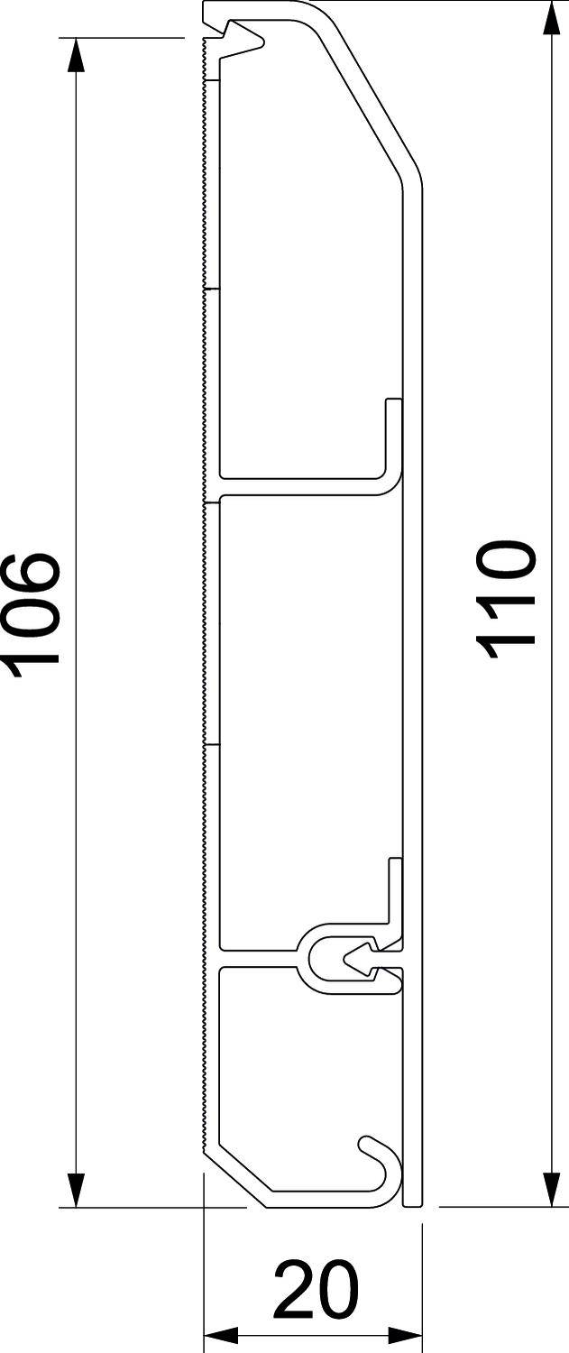 Technische Zeichnung eines Querschnitts mit Maßen: Höhe 110 mm, Breite 20 mm, inneres Detail zeigt Struktur.