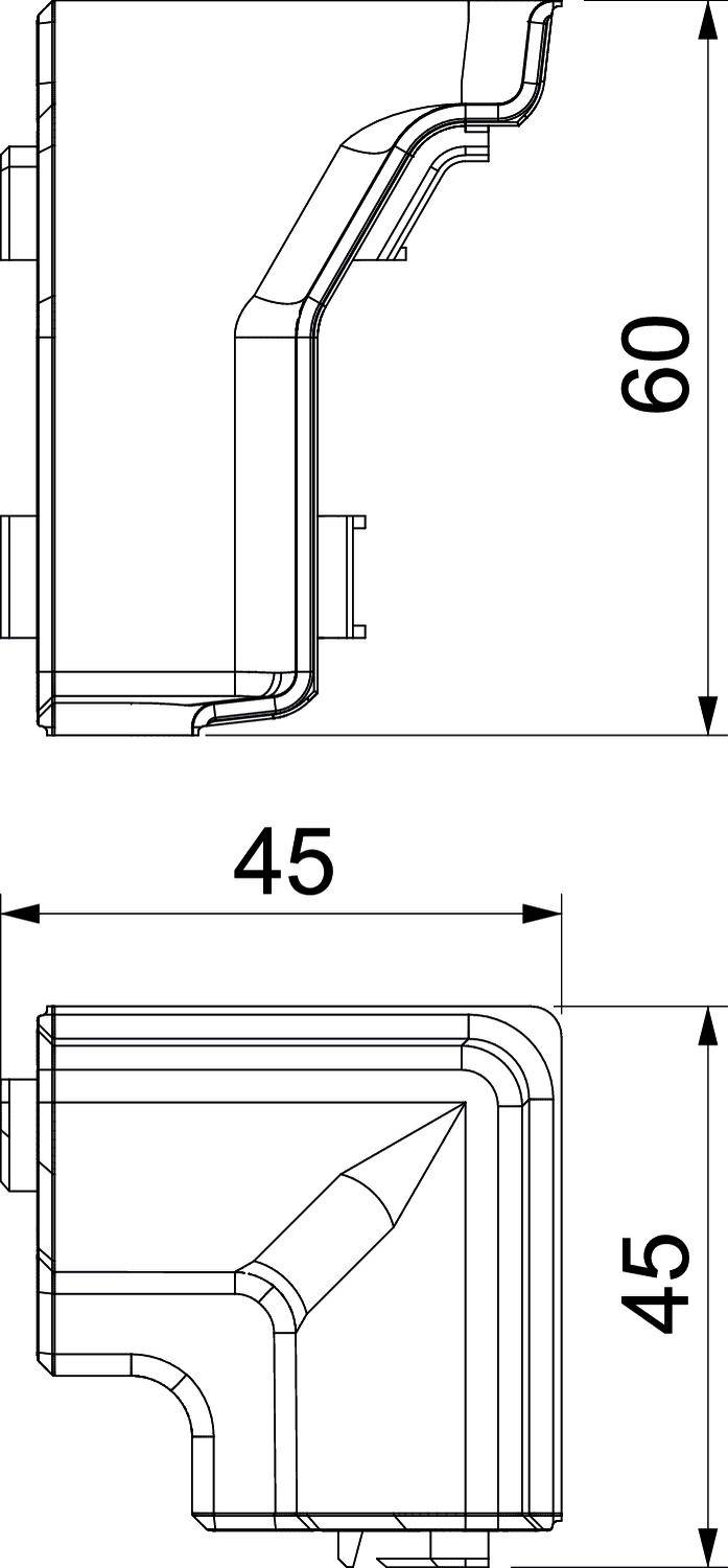 Technische Zeichnung eines Eckstücks mit den Maßen 60 mm Höhe und 45 mm Breite. Zeigt Seiten- und Vorderansicht.